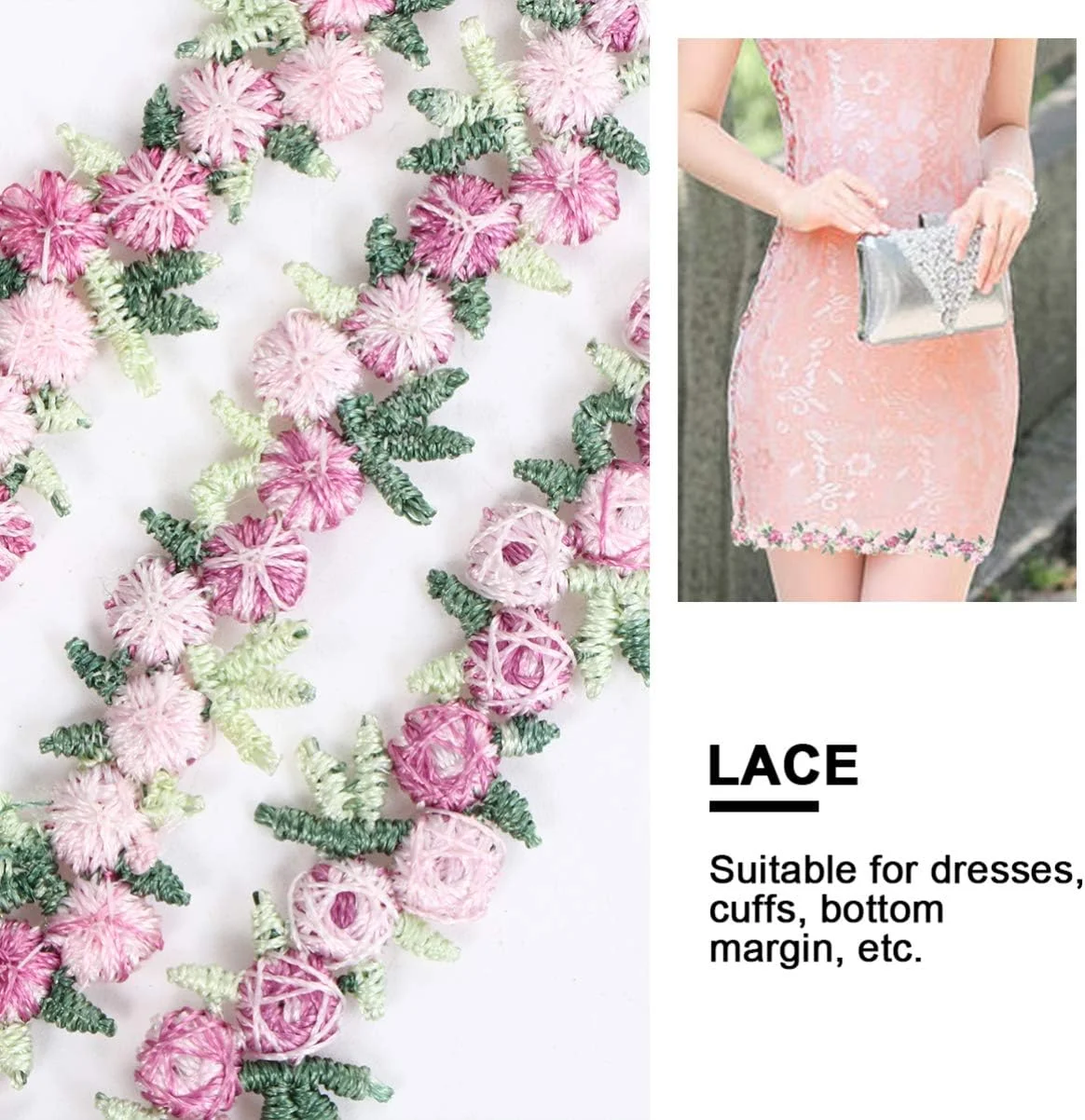 نوار تزیینی گل روبانی FUHULU، نوار گلدوزی شده گلدار، لوازم تزیینی توری گل رز برای لباس، تزیینات جشن عروسی (صورتی)