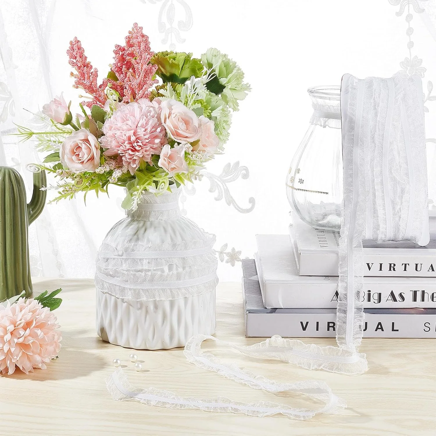 FINGERINSPIRE 11 یارد/10 متر نوار توری پارچه ای سفید رنگ، توری کشی چین دار دوتایی 1 اینچ/28 میلی متر پهن برای خیاطی، تزئین لباس و بسته بندی هدیه