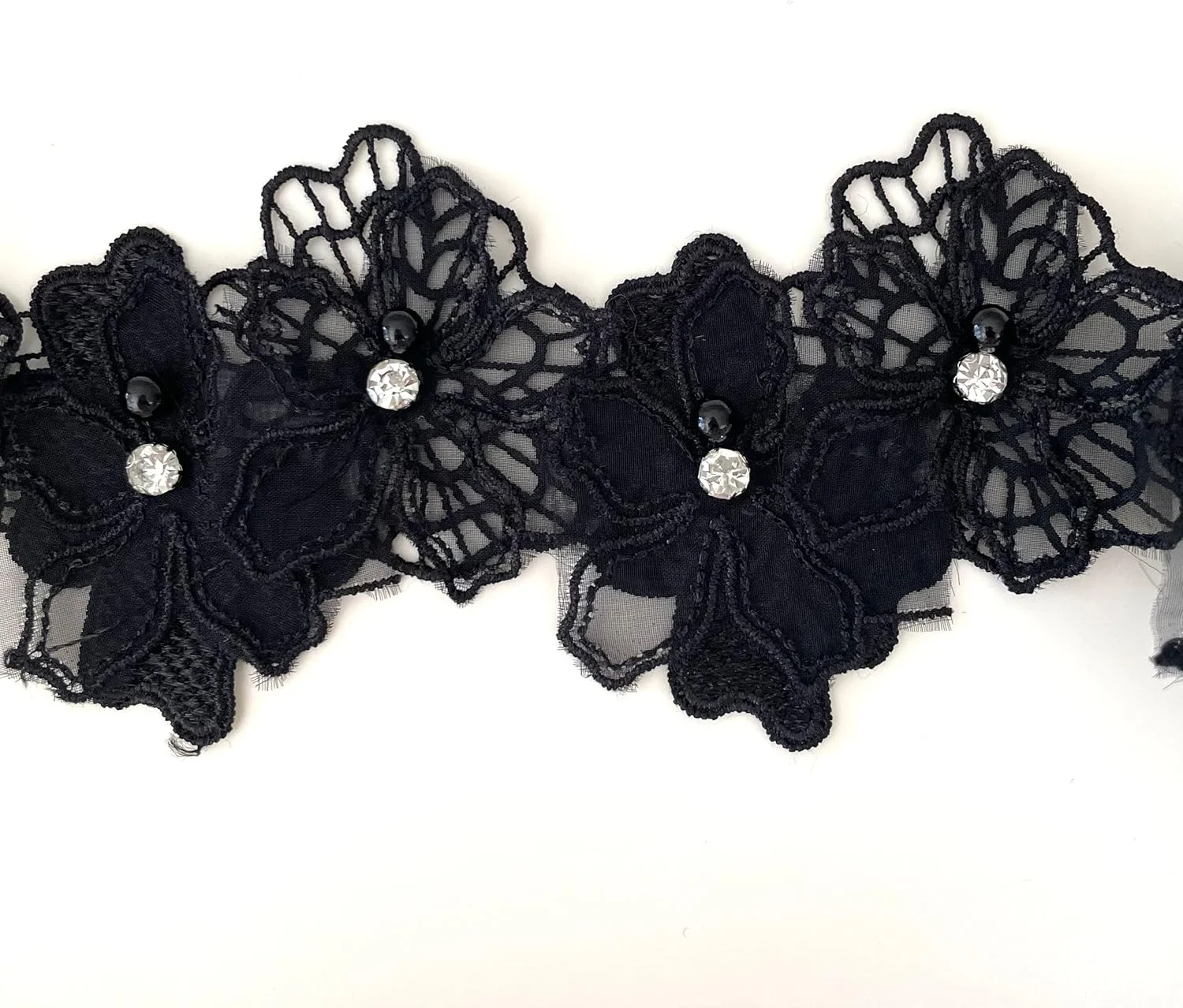 خرید نوار توری گل سه بعدی با مروارید، 2 یارد، پارچه توری گلدوزی شده گلدار، تزئینات گل، روبان توری، لوازم خیاطی دست ساز DIY، کاردستی برای تزئین کلاه و لباس (مشکی)