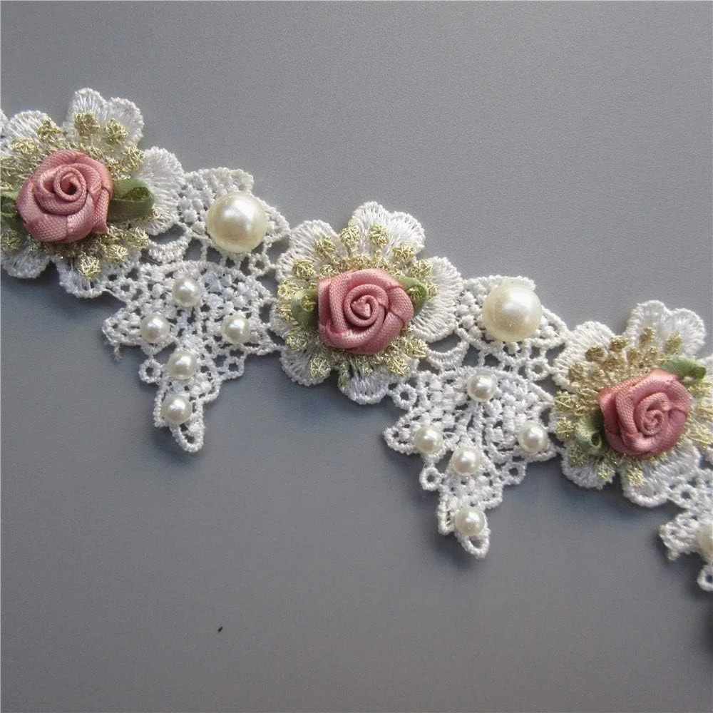 1 یارد پارچه توری گلدوزی شده گل رز مرواریدی طلایی وینتیج، تزئینات توری، روبان توری، زیورآلات عروس، لوازم خیاطی DIY دست ساز، کاردستی برای تزئین کلاه و لباس، عرض 1.96 اینچ