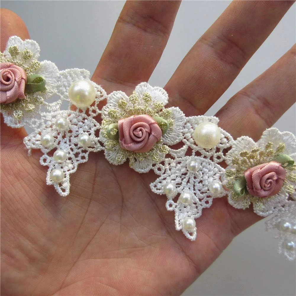 1 یارد پارچه توری گلدوزی شده گل رز مرواریدی طلایی وینتیج، تزئینات توری، روبان توری، زیورآلات عروس، لوازم خیاطی DIY دست ساز، کاردستی برای تزئین کلاه و لباس، عرض 1.96 اینچ