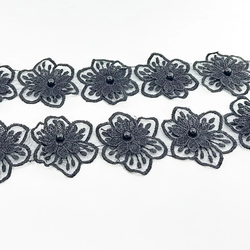 نوار توری گل مرواریدی 2 یاردی، روبان تزیینی گلدوزی شده، اپلیکه توری برای لباس عروس، تزیینات سر عروس، لوازم صنایع دستی خیاطی دست ساز (مشکی)