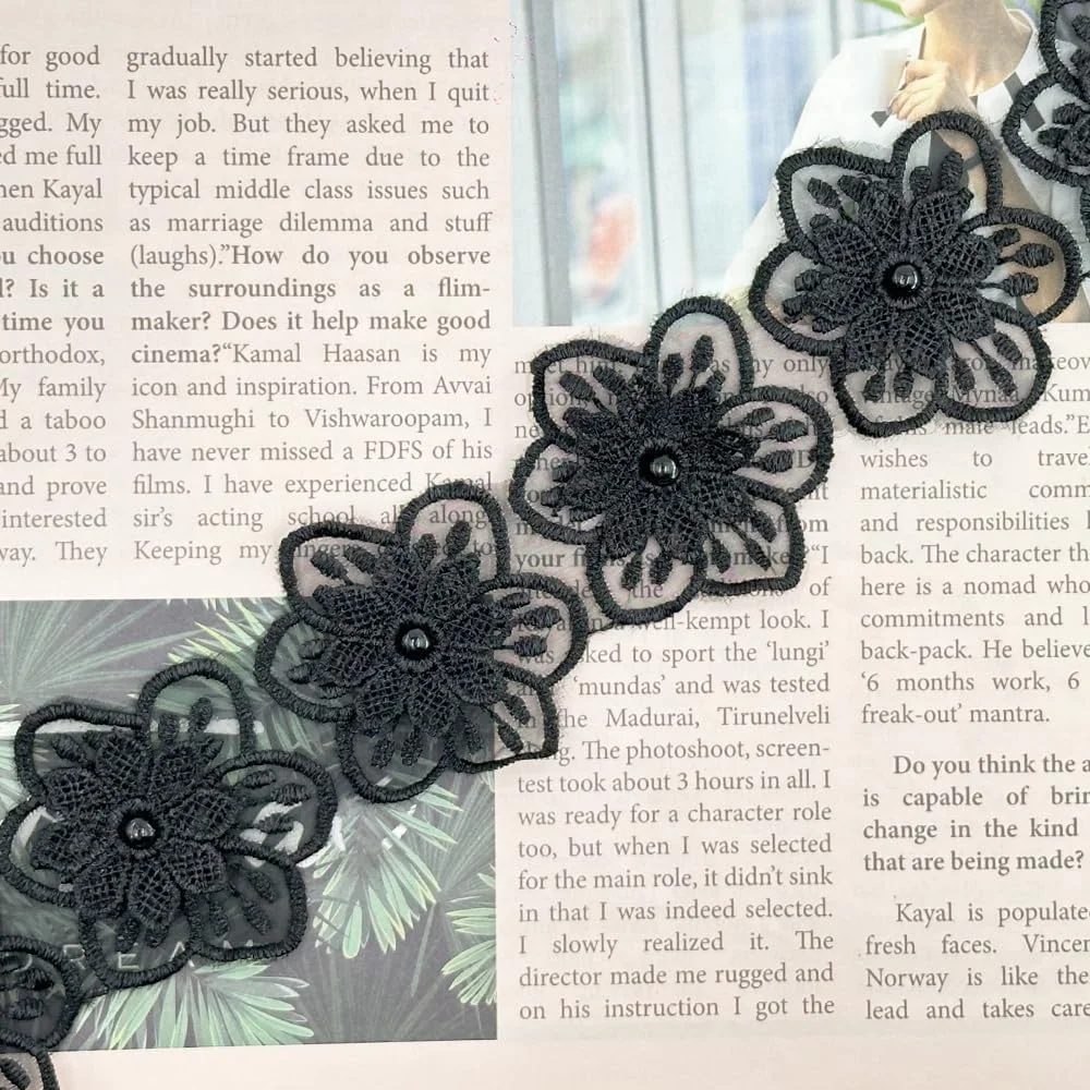 نوار توری گل مرواریدی 2 یاردی، روبان تزیینی گلدوزی شده، اپلیکه توری برای لباس عروس، تزیینات سر عروس، لوازم صنایع دستی خیاطی دست ساز (مشکی)