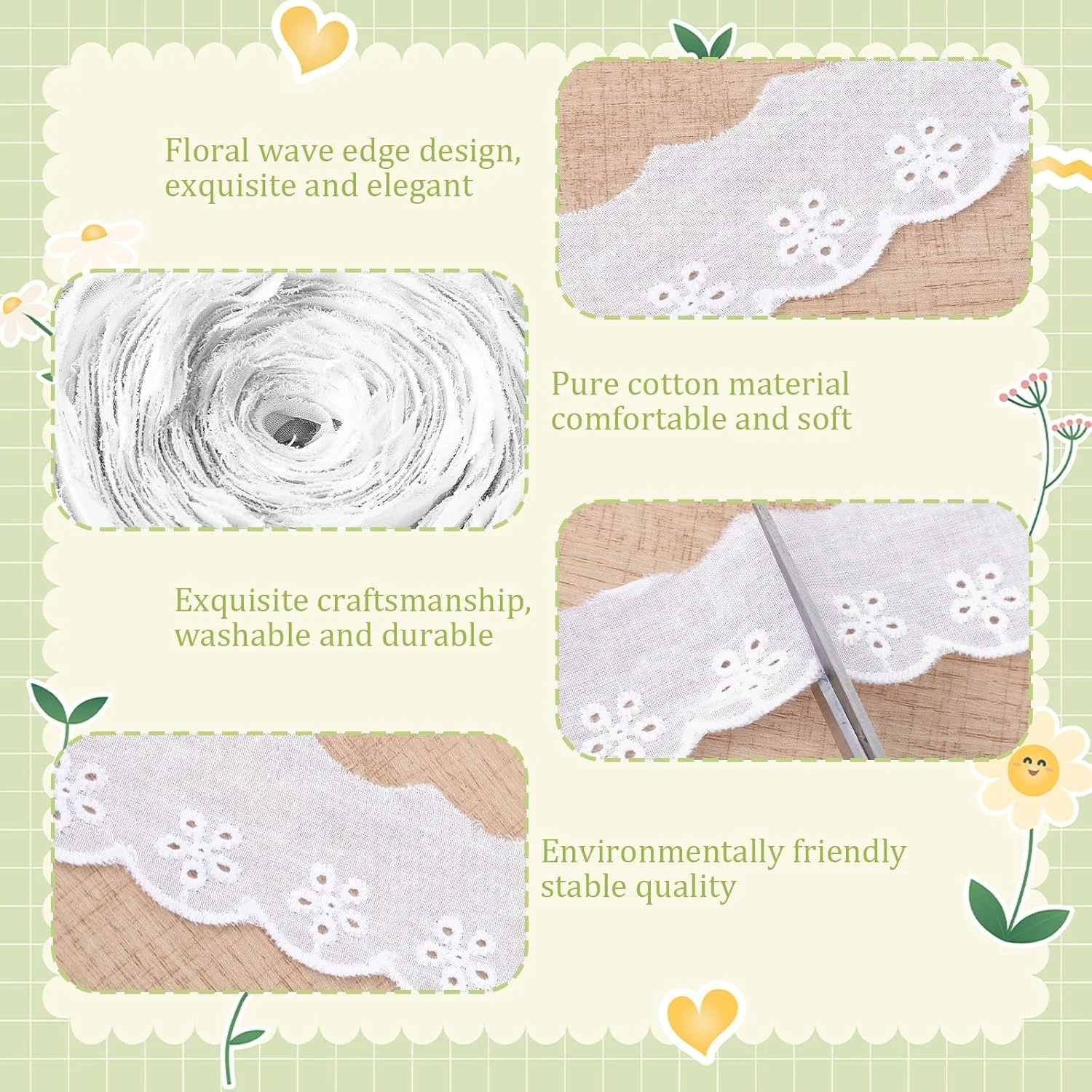 روبان توری سفید ElevateTech، 15 یارد، پارچه توری چشمی، روبان های چین دار گلدار قلاب بافی برای صنایع دستی، لوازم اسکرپ بوک عروسی، تزئینات لباس، کیف، بسته بندی هدیه