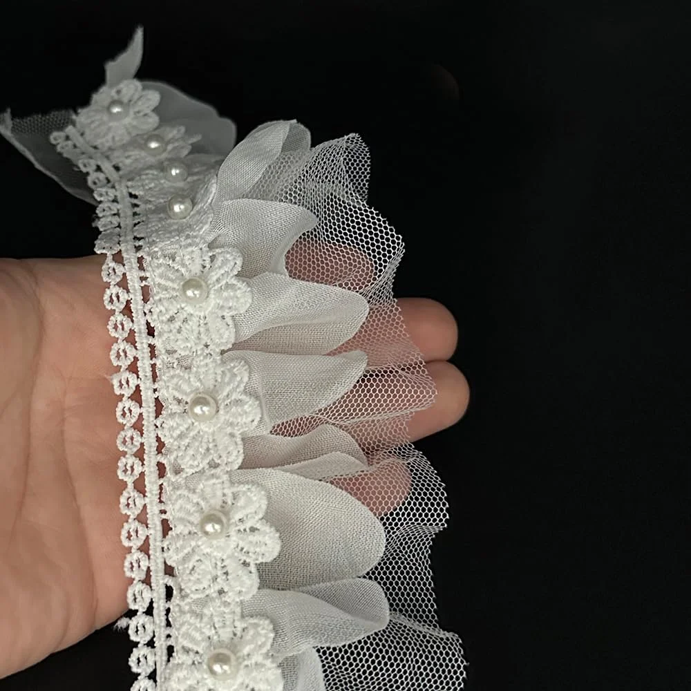 1 یارد گل قدیمی با مروارید تزیینی نوار توری روبان توری گلدوزی شده گلدار زیبا برای لباس عروس لباس کلاه اسباب بازی دکوراسیون لباس عروسکی (سفید، 1 یارد)
