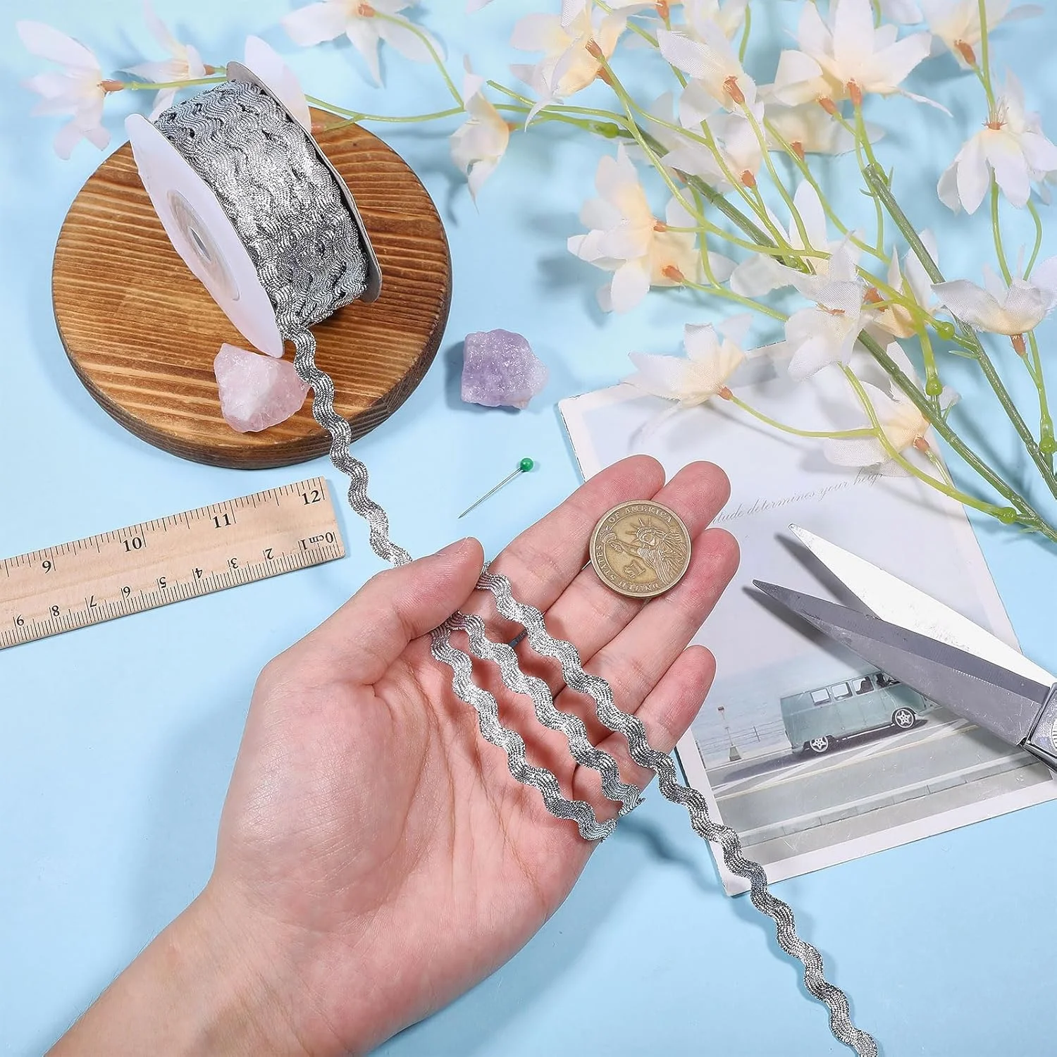 نوار تزیینی حاشیه دار موجی نقره ای GLOBLELAND به طول 54 یارد برای تزیین لباس عروس، نوار توری نقره ای، روبان خیاطی کریسمس، روبان بافته منحنی برای هدایا و مهمانی های خانگی