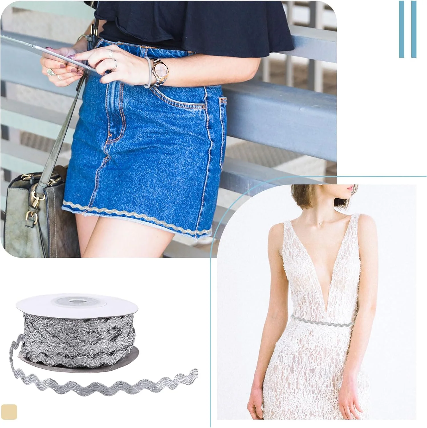 نوار تزیینی حاشیه دار موجی نقره ای GLOBLELAND به طول 54 یارد برای تزیین لباس عروس، نوار توری نقره ای، روبان خیاطی کریسمس، روبان بافته منحنی برای هدایا و مهمانی های خانگی