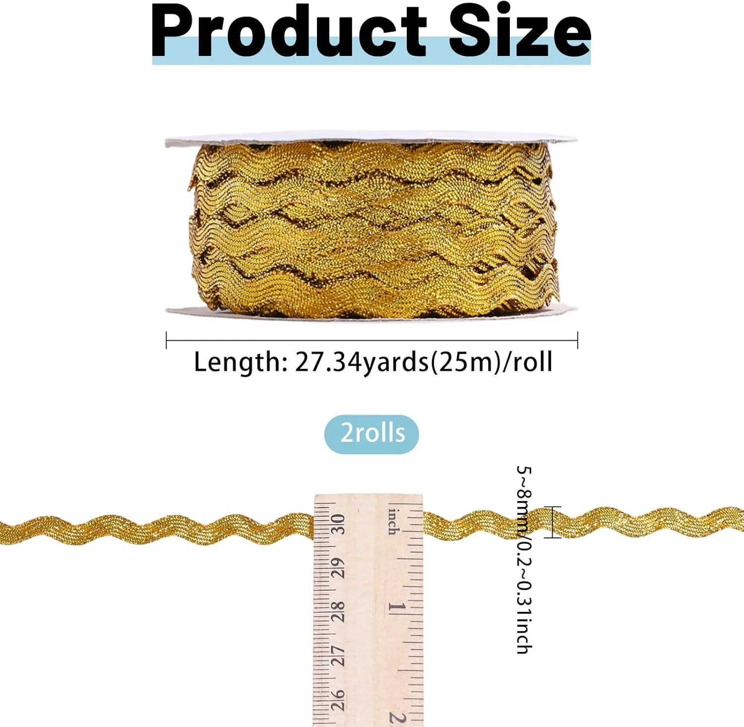 نوار تزئینی حاشیه دار موجی طلایی گلوبلند 54 یاردی برای خیاطی لباس، نوار توری طلایی، نوار روبان بافته شده منحنی کریسمس برای تزئین هدیه، مهمانی خانگی، لباس عروسی