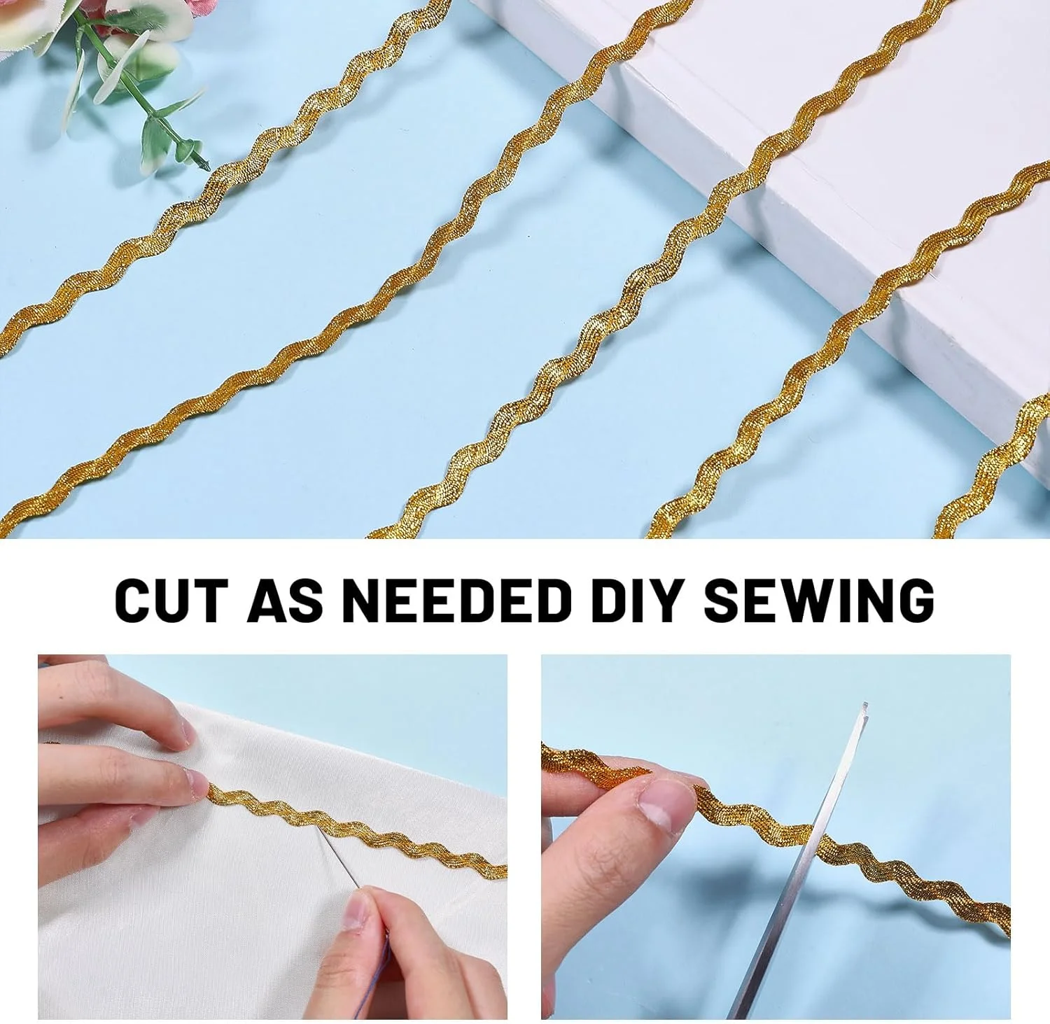 نوار تزئینی حاشیه دار موجی طلایی گلوبلند 54 یاردی برای خیاطی لباس، نوار توری طلایی، نوار روبان بافته شده منحنی کریسمس برای تزئین هدیه، مهمانی خانگی، لباس عروسی