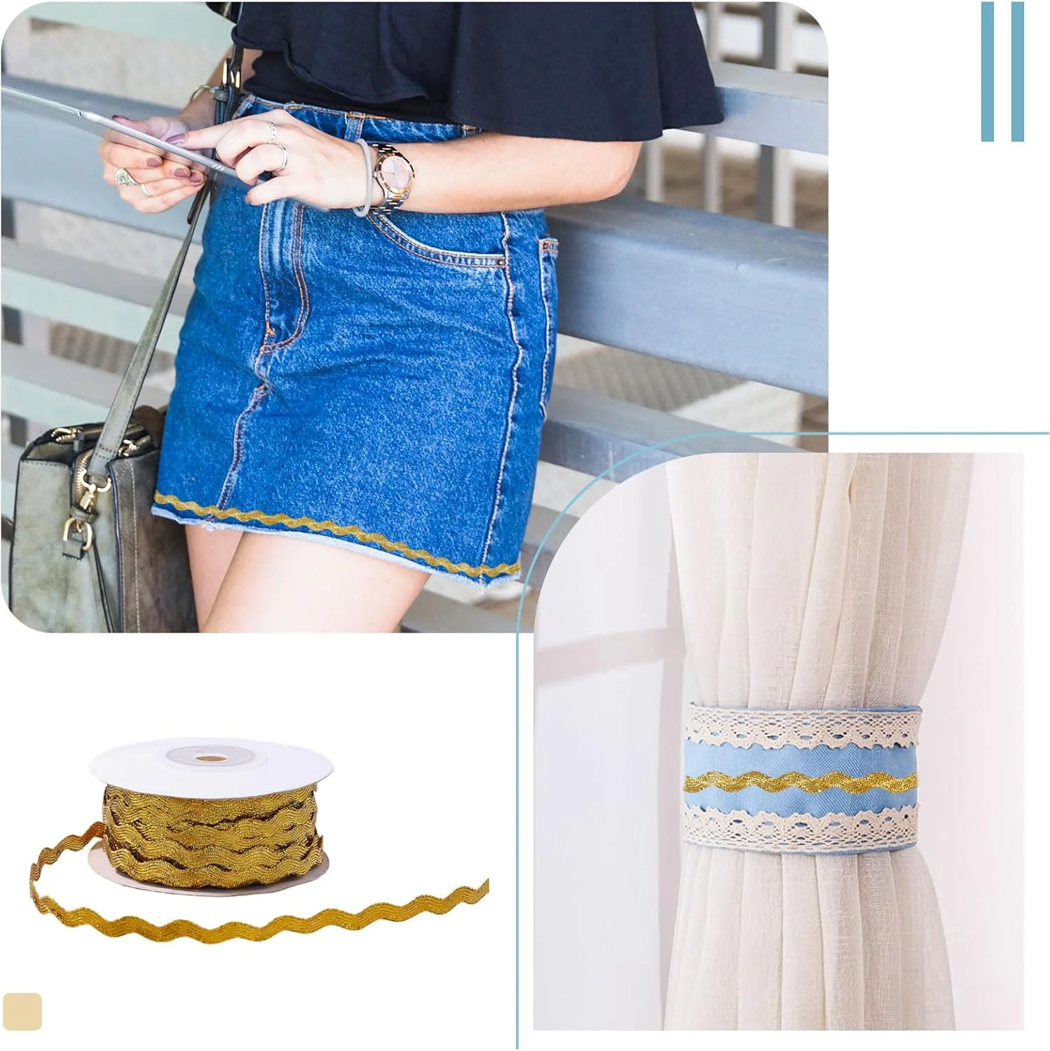 نوار تزئینی حاشیه دار موجی طلایی گلوبلند 54 یاردی برای خیاطی لباس، نوار توری طلایی، نوار روبان بافته شده منحنی کریسمس برای تزئین هدیه، مهمانی خانگی، لباس عروسی