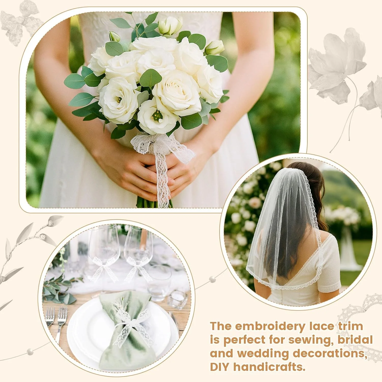 2 بسته رول روبان توری سفید، 18 متر در هر رول، توری ظریف لوکس برای خیاطی، تزئین لباس عروس، بسته بندی هدیه، صنایع دستی عروسی، اسکرپ بوک DIY، گل آرایی