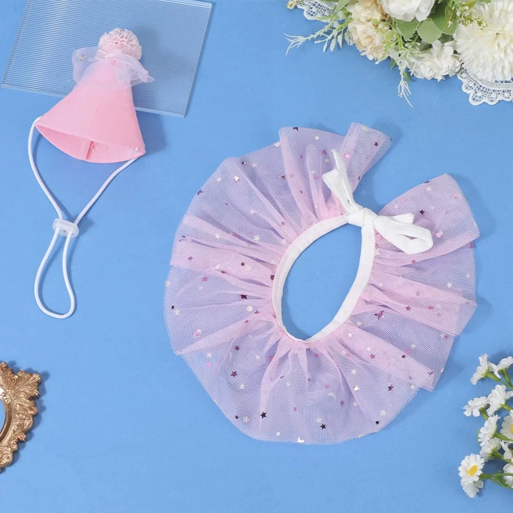 GORGECRAFT 2 عدد لباس گربه پرنسس صورتی پلی استر قابل تنظیم سگ توله سگ کلاه تولد دستمال توری یقه روسری لباس لوازم جانبی مجموعه برای لباس های تزئینی مهمانی