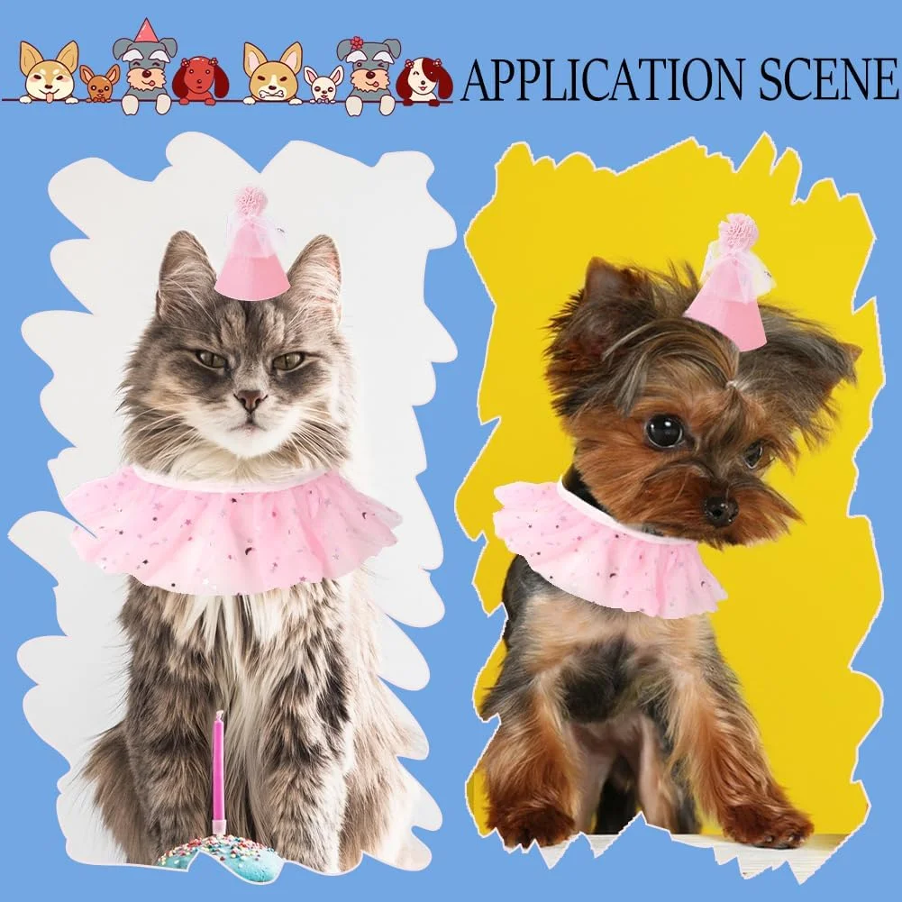 GORGECRAFT 2 عدد لباس گربه پرنسس صورتی پلی استر قابل تنظیم سگ توله سگ کلاه تولد دستمال توری یقه روسری لباس لوازم جانبی مجموعه برای لباس های تزئینی مهمانی