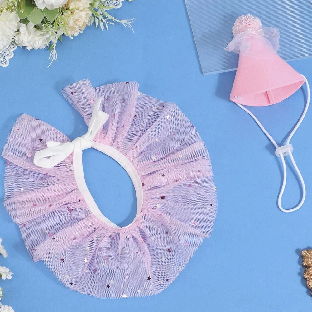 GORGECRAFT 2 عدد لباس گربه پرنسس صورتی پلی استر قابل تنظیم سگ توله سگ کلاه تولد دستمال توری یقه روسری لباس لوازم جانبی مجموعه برای لباس های تزئینی مهمانی