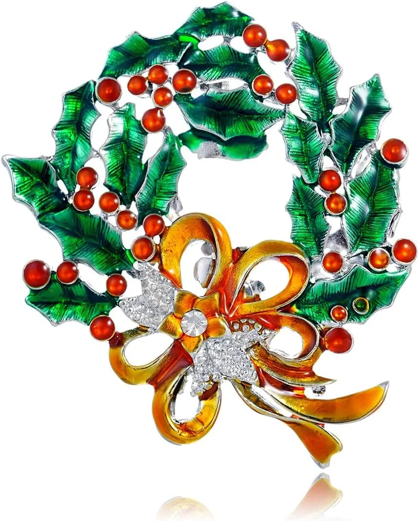 سنجاق سینه طرح گل کریسمس با پاپیون، مناسب زنان و مردان، تزئینی زیبا با برگ های سبز، سنجاق یقه میناکاری شده، مناسب لباس، کت، کلاه، شال، ژاکت، جواهرات تزیینی تعطیلات کریسمس