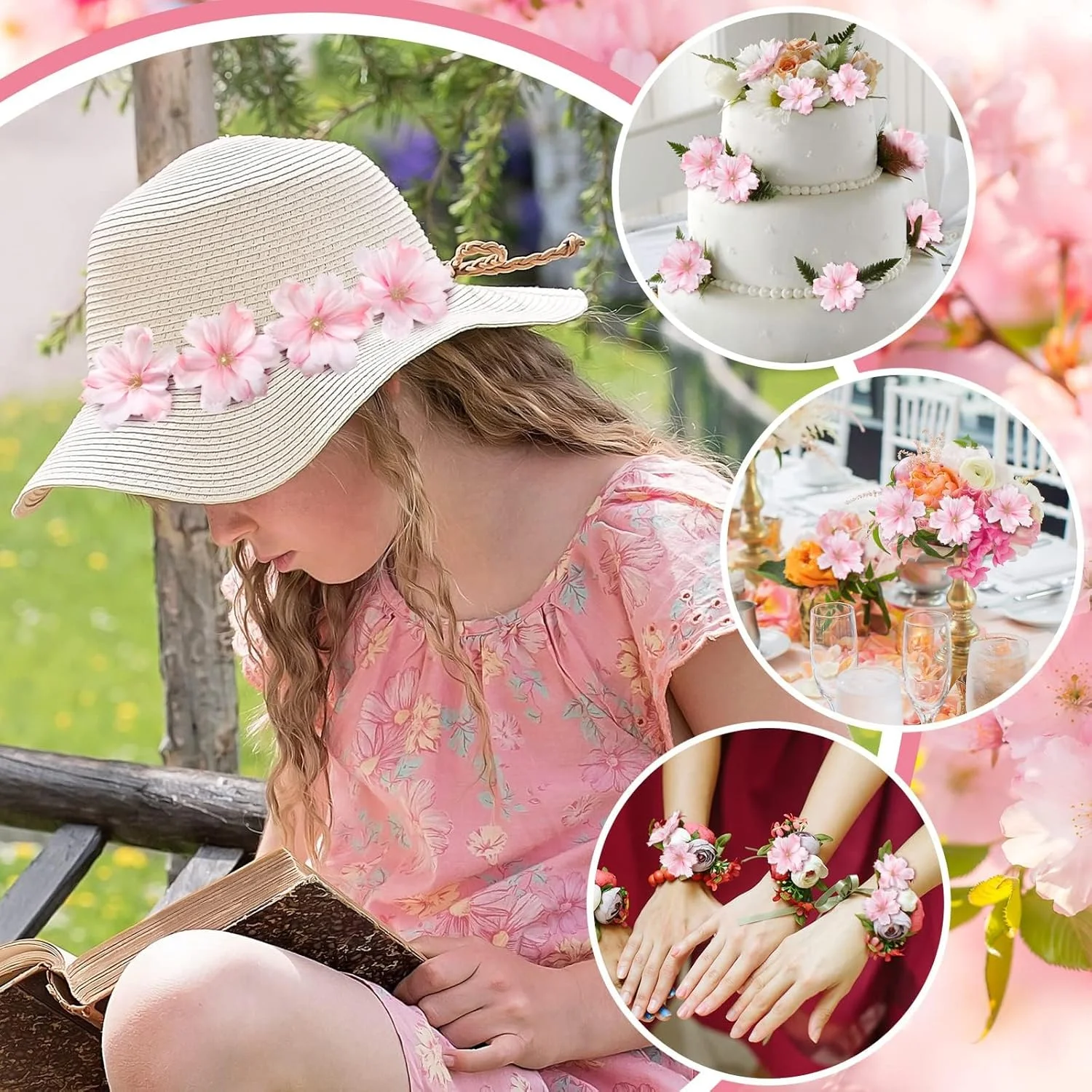 گل های مصنوعی شکوفه گیلاس صورتی، 100 عدد گلبرگ های آلو ابریشمی مصنوعی، گلبرگ های مینی شکوفه گیلاس برای لوازم جانبی DIY لباس دکوراسیون مهمانی عروسی خانگی (1.8 اینچ - صورتی روشن)