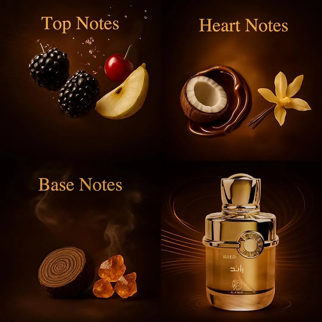 عطر زنانه رائد از برند الاعراف 100 میل - رایحه میوه ای و گورمند با توت سیاه، نارگیل و وانیل - عطری شیرین و مدرن