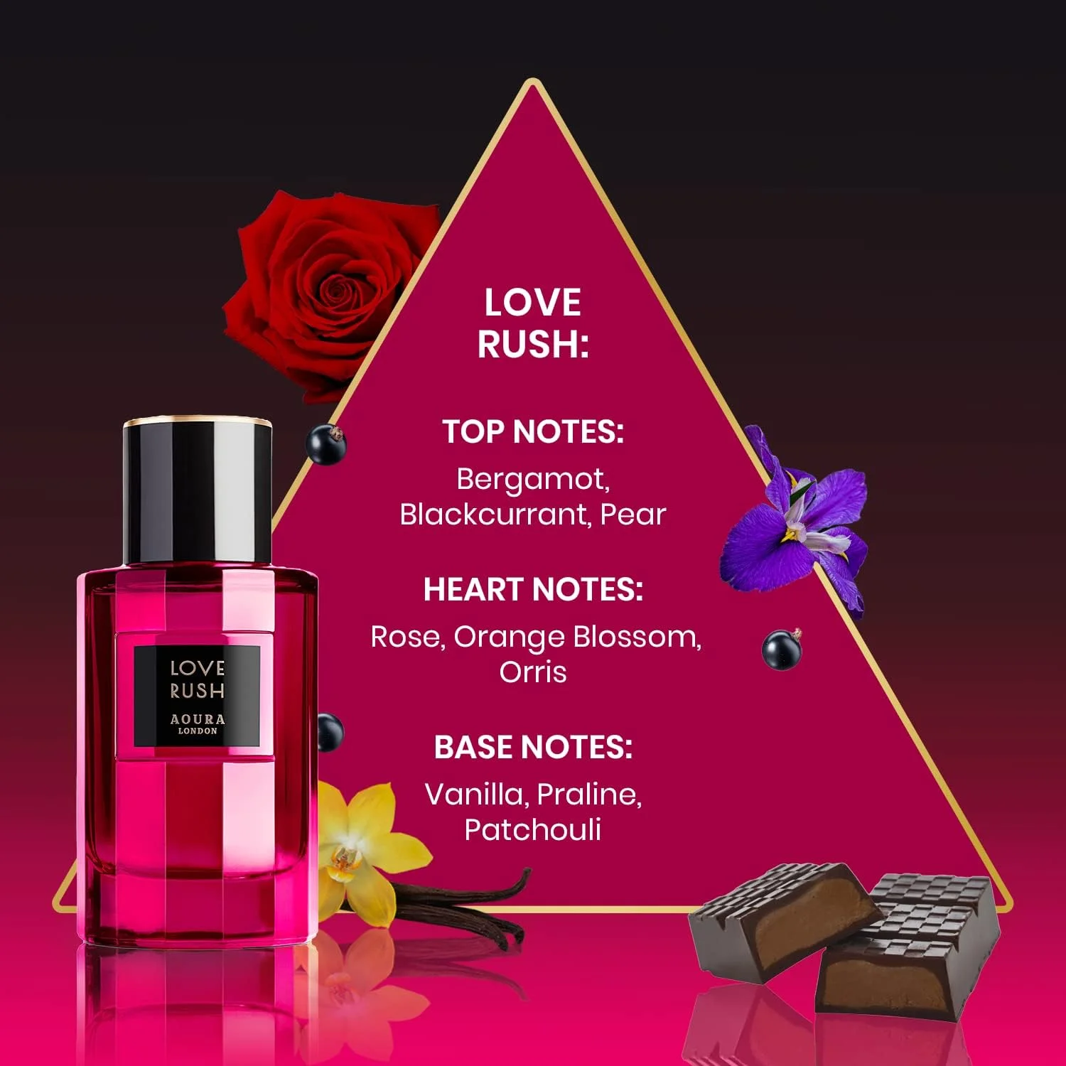 عطر زنانه Aoura London Love Rush - رایحه گلی تازه و فریبنده - ماندگاری طولانی، ظریف و جذاب - ادو پرفیوم، 100 میلی لیتر