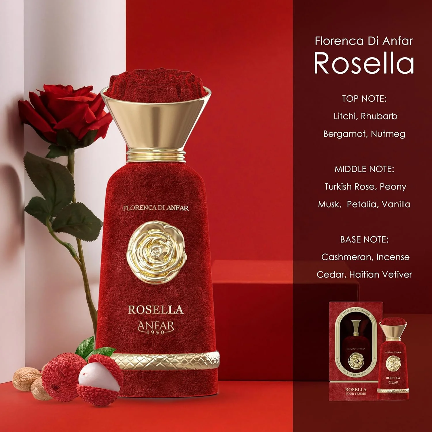 عطر زنانه آنفار 1950 ROSELLA Pour Femme Extrait de Parfum، لیچی، ریواس، ترنج، جوز هندی، رز ترکی، گل صد تومانی، مشک، برای زنان، 100 میلی لیتر