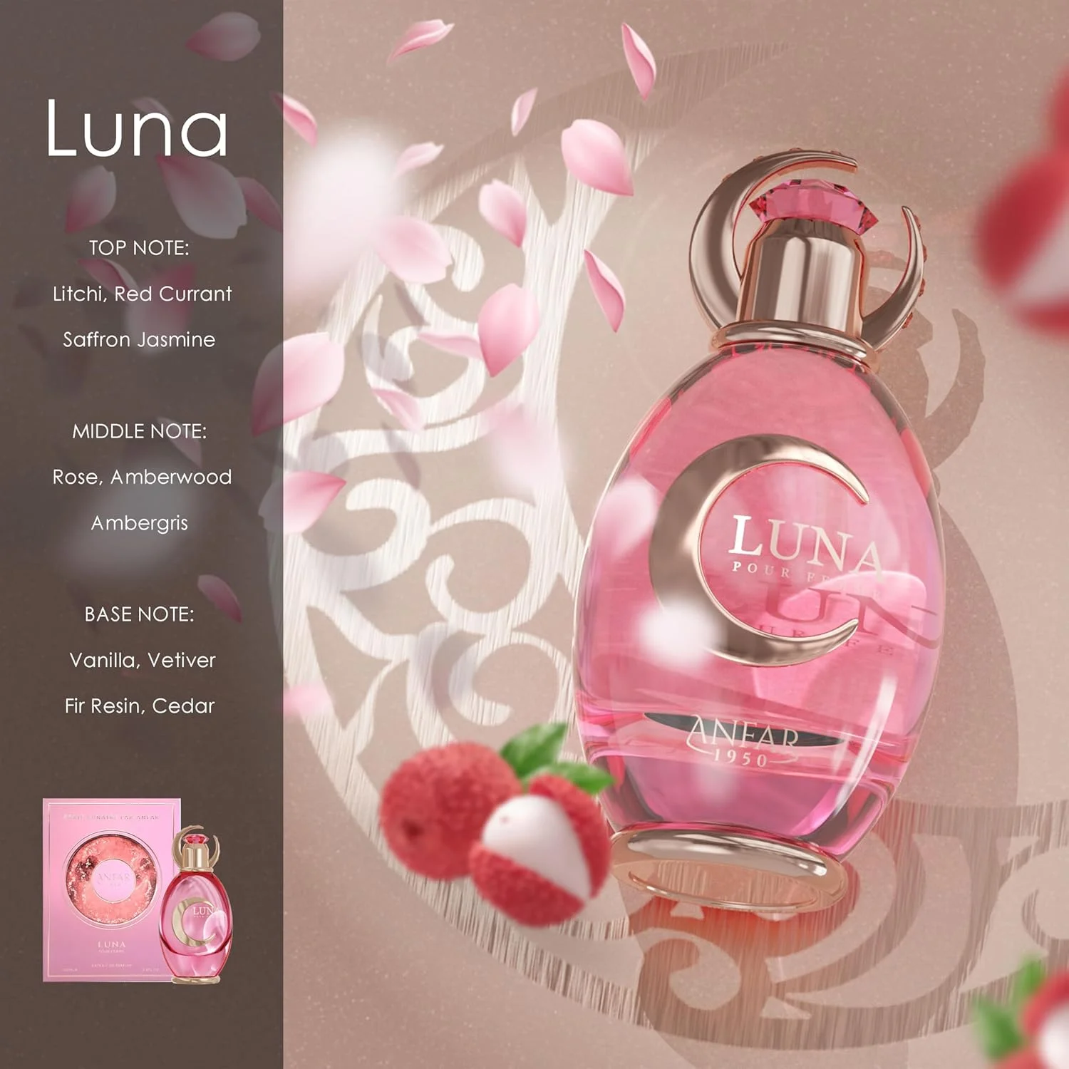 عطر زنانه آنفار 1950 لونا پور فم اکستریت د پرفیوم، 100 میلی لیتر، رایحه گلی میوه ای، مخصوص بانوان