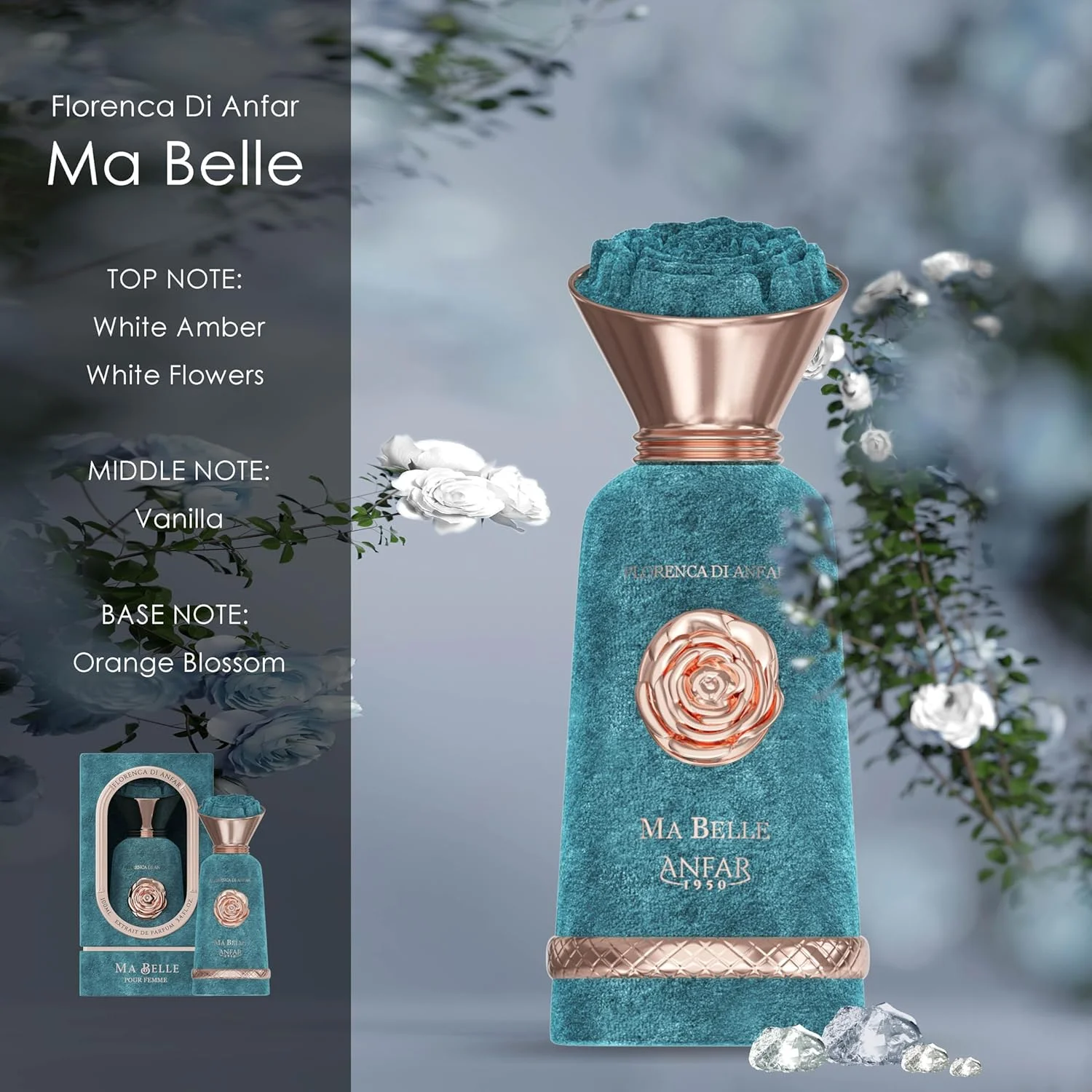 عطر زنانه آنفار 1950 MA BELLE اکستریت د پرفیوم، عنبر سفید، بلسان پرو، شکوفه پرتقال، مخصوص بانوان، 100 میلی لیتر