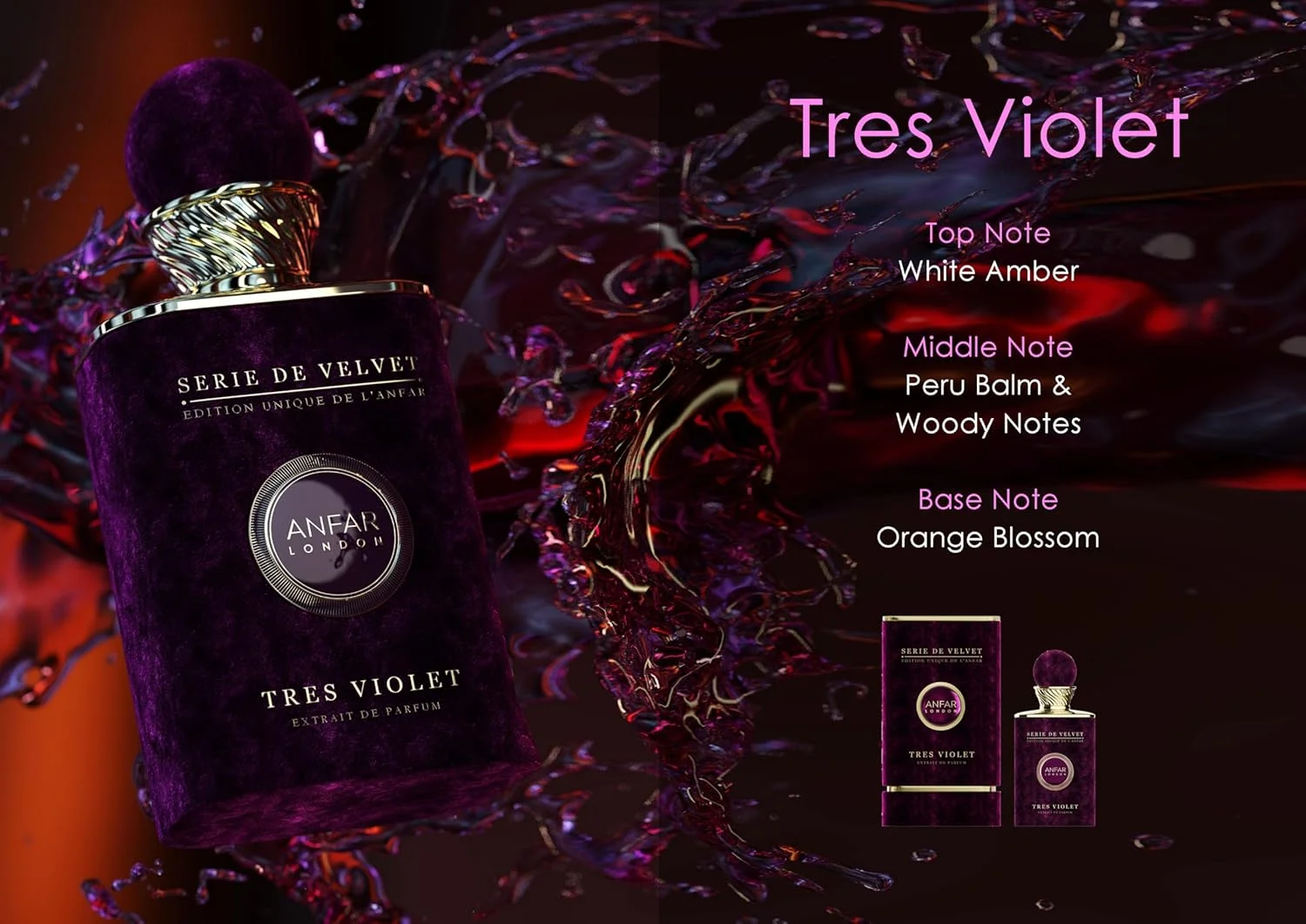 عطر زنانه آنفار لندن TRES VIOLET، عصاره پرفیوم زنانه، رایحه گلی، عنبر سفید، بلسان پرو و چوبی