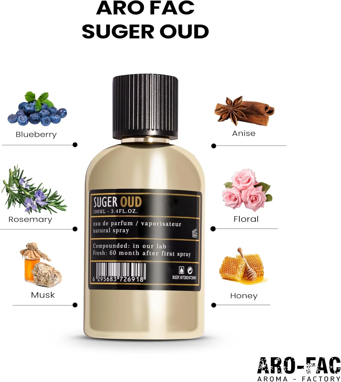 عطر унисекс ARO FAC By AMD Perfumes Suger Oud - عطر کلاسیک مردانه و زنانه - رایحه های ماندگار مردانه و زنانه با ترکیبی از بلوبری و بادیان ختایی ادو پرفیوم EDP 100ml