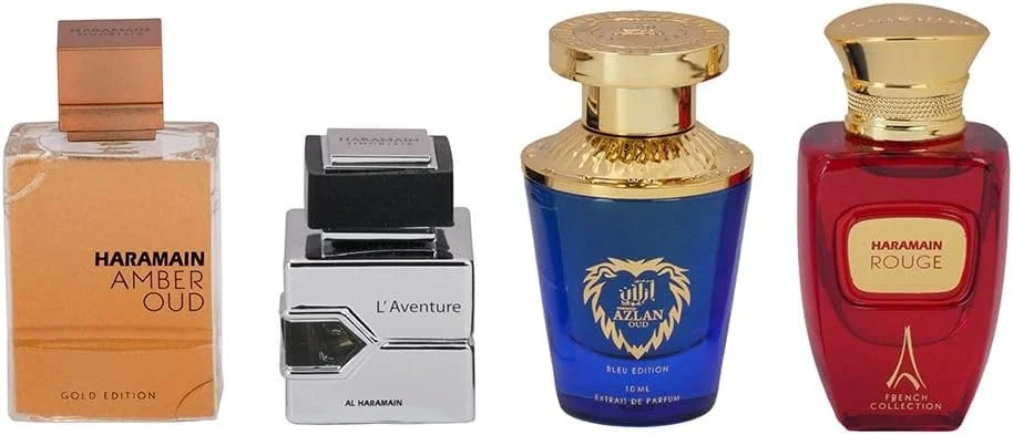 ست هدیه عطر مسافرتی الحرمین انحصاری 4 عدد 10 میلی لیتر ادو پرفیوم | Amber Oud Gold، L’Aventure، Azlan Bleu & Rouge | مجموعه مینی عطر لوکس برای مردان و زنان