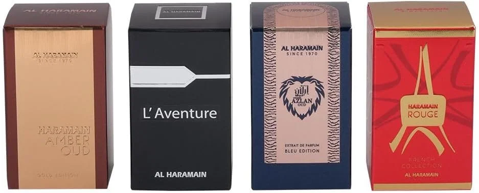 ست هدیه عطر مسافرتی الحرمین انحصاری 4 عدد 10 میلی لیتر ادو پرفیوم | Amber Oud Gold، L’Aventure، Azlan Bleu & Rouge | مجموعه مینی عطر لوکس برای مردان و زنان