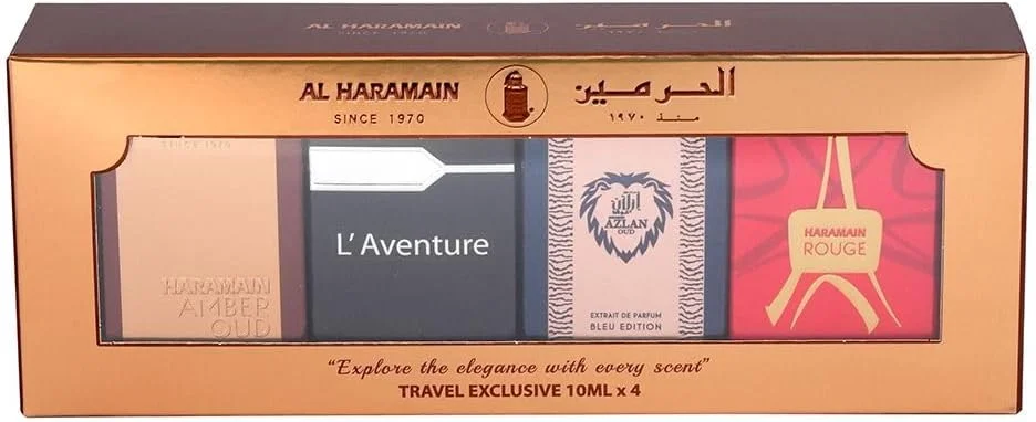 ست هدیه عطر مسافرتی الحرمین انحصاری 4 عدد 10 میلی لیتر ادو پرفیوم | Amber Oud Gold، L’Aventure، Azlan Bleu & Rouge | مجموعه مینی عطر لوکس برای مردان و زنان