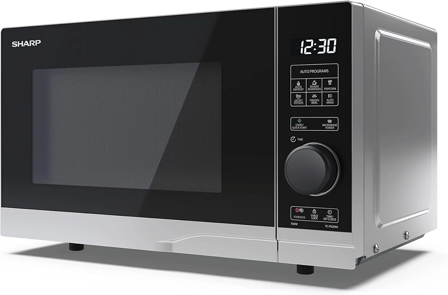 مایکروویو دیجیتال 20 لیتری شارپ مدل YC-PS204AU-S، توان 700 وات، 10 سطح قدرت، حالت ECO، عملکرد یخ زدایی، چراغ داخلی LED - نقره ای