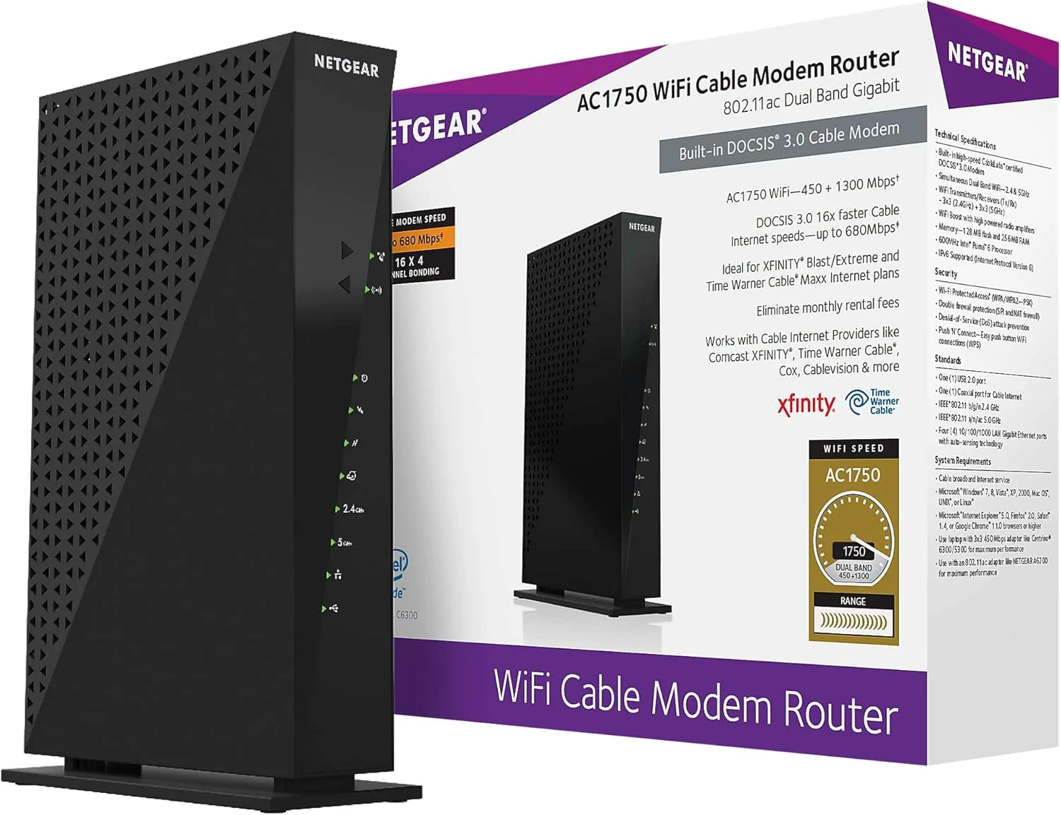 مودم روتر کابلی وای فای NETGEAR مدل C6300 | سازگار با ارائه دهندگان کابل از جمله Xfinity توسط Comcast، Spectrum، Cox برای طرح های کابلی تا 400 مگابیت در ثانیه | سرعت وای فای AC1750 | DOCSIS 3.0