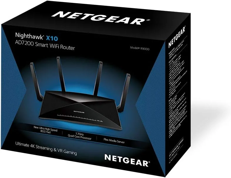 روتر وای فای گیمینگ نت گیر مدل NG-R9000-100EUS Nighthawk X10 AD7200 802.11ac/ad Quad-Stream، پردازنده چهار هسته ای 1.7 گیگاهرتزی، سرور رسانه Plex، سازگار با آمازون الکسا (R9000) روتر وای فای گیمینگ نت گیر مدل NG-R9000-100EUS Nighthawk X10 AD7200 802.11ac/ad Quad-Stream، پردازنده چهار هسته ای 1.7 گیگاهرتزی، سرور رسانه Plex، سازگار با آمازون الکسا (R9000)