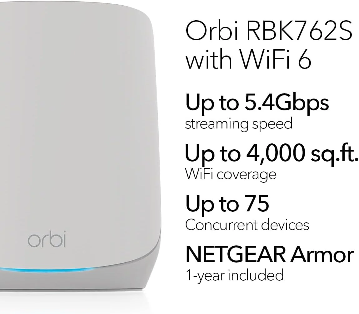 سیستم مش وای فای 6 NETGEAR Orbi (RBK762S) | روتر مش وای فای 6 با 2 توسعه دهنده مش ماهواره ای | AX5400 تا 5.4 گیگابیت بر ثانیه | پوشش تا 5000 فوت مربع و تا 75 دستگاه | راه اندازی آسان با برنامه