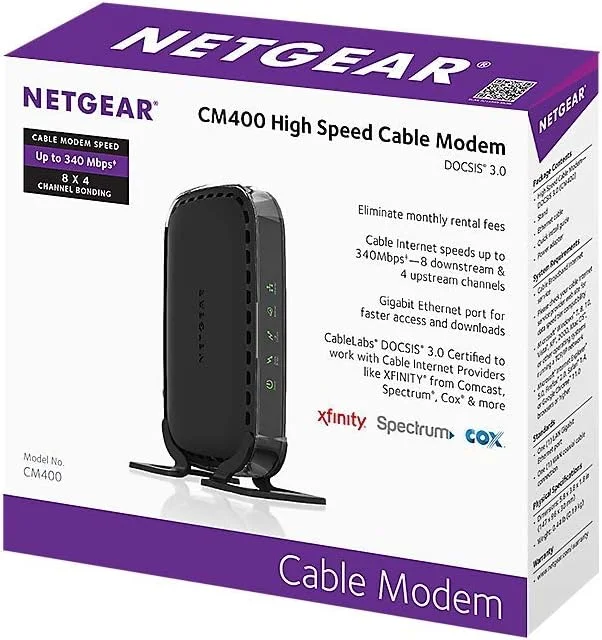 مودم کابلی NETGEAR CM400 سازگار با ارائه دهندگان کابل Xfinity از Comcast، Spectrum، Cox | برای طرح های کابلی تا 100 مگابیت در ثانیه | DOCSIS3.0، مشکی (CM400-100NAS) مودم کابلی NETGEAR CM400 سازگار با ارائه دهندگان کابل Xfinity از Comcast، Spectrum، Cox | برای طرح های کابلی تا 100 مگابیت در ثانیه | DOCSIS3.0، مشکی (CM400-100NAS)