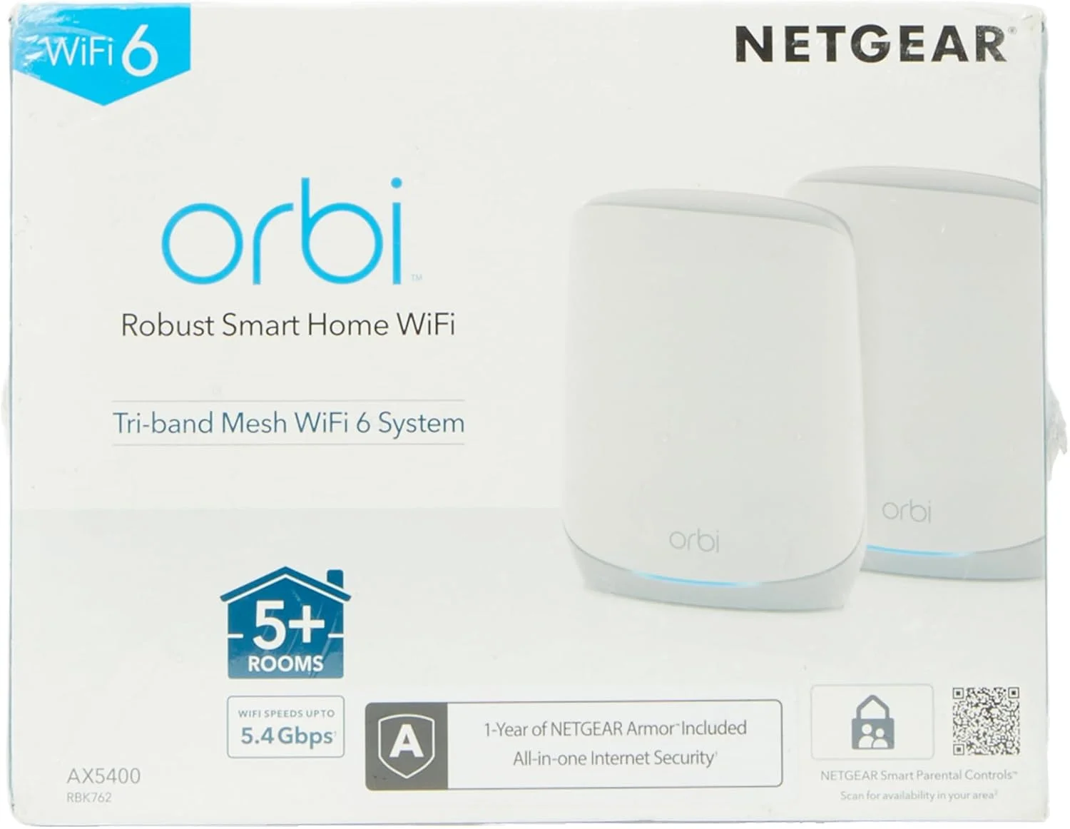 سیستم مش وای فای 6 NETGEAR Orbi (RBK762S) | روتر مش وای فای 6 با 2 توسعه دهنده مش ماهواره ای | AX5400 تا 5.4 گیگابیت بر ثانیه | پوشش تا 5000 فوت مربع و تا 75 دستگاه | راه اندازی آسان با برنامه