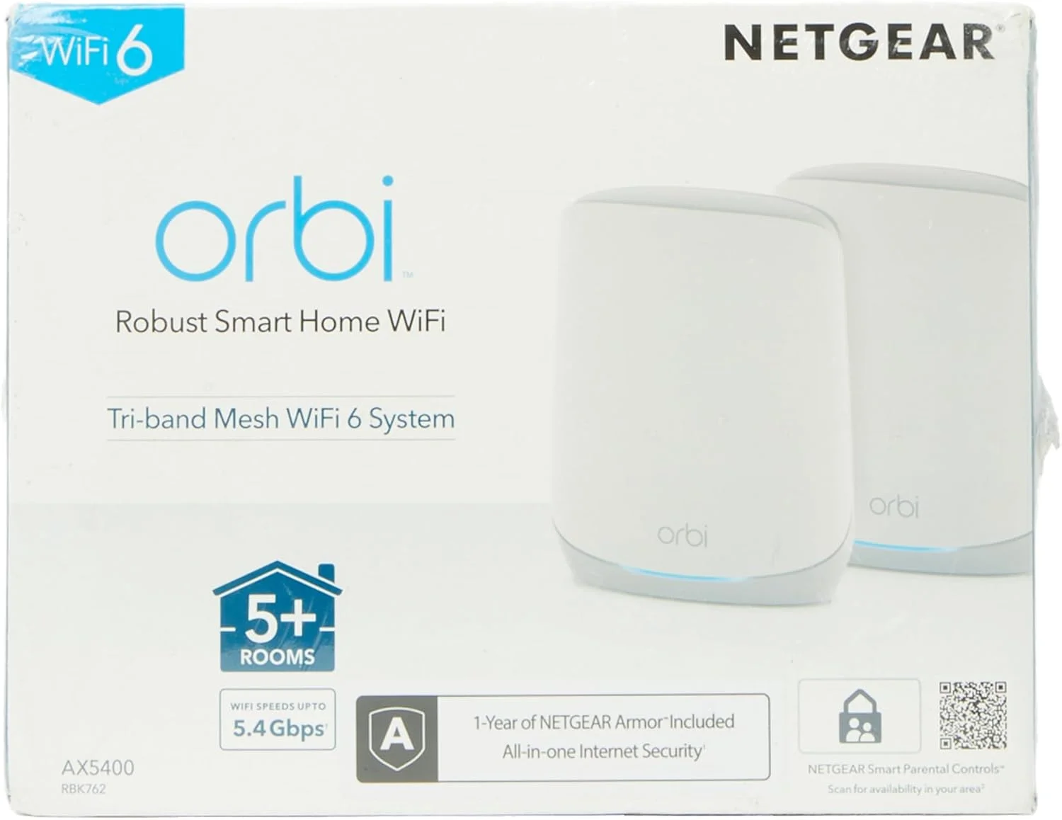 سیستم مش وای فای 6 NETGEAR Orbi (RBK762S) | روتر مش وای فای 6 با 2 توسعه دهنده مش ماهواره ای | AX5400 تا 5.4 گیگابیت بر ثانیه | پوشش تا 5000 فوت مربع و تا 75 دستگاه | راه اندازی آسان با برنامه