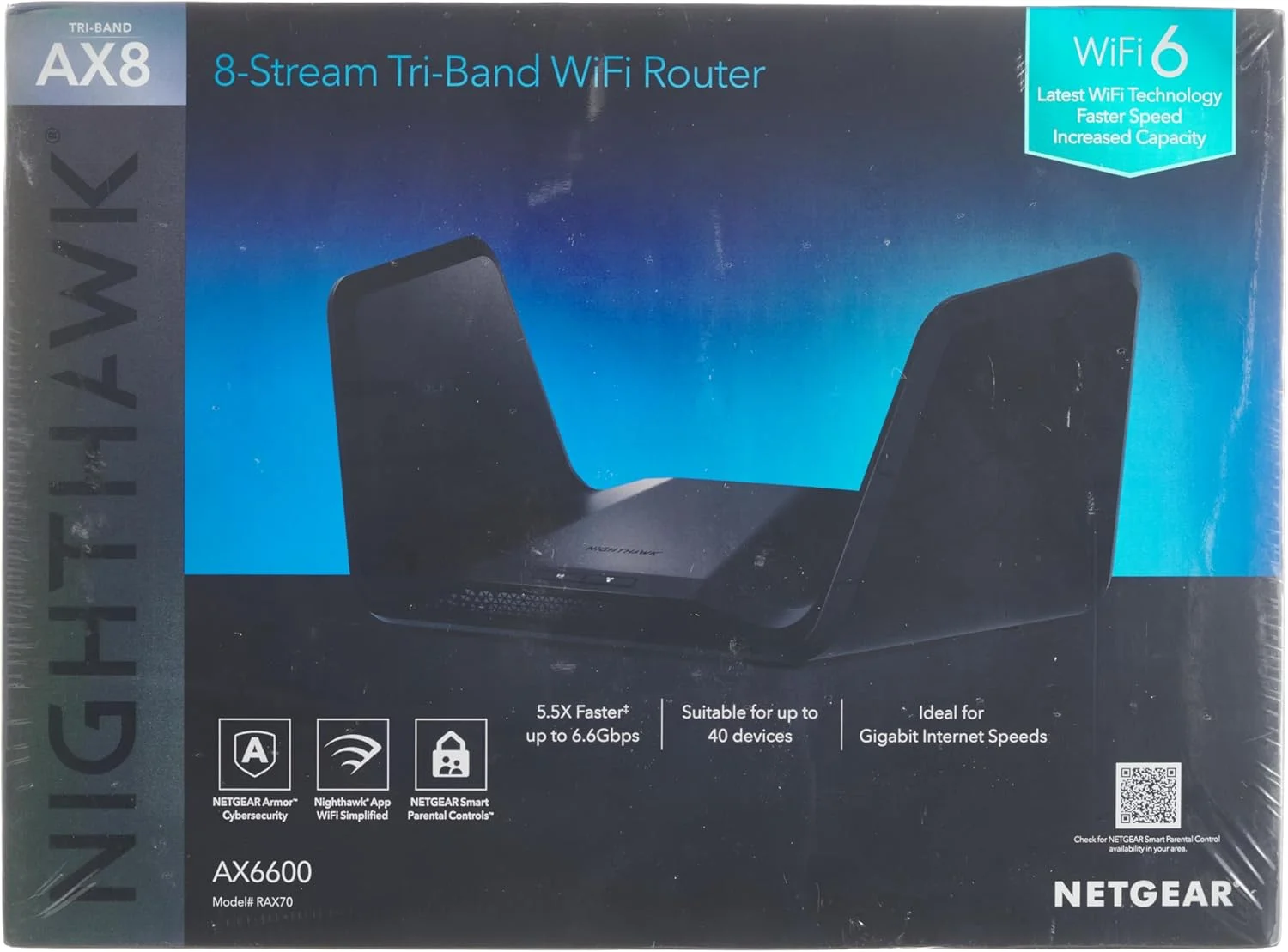 روتر وای فای 6 NETGEAR Nighthawk (RAX70) | سرعت بی سیم AX6600 (تا 6.6 گیگابیت بر ثانیه) | سازگار با روتر بازی PS5 روتر وای فای 6 NETGEAR Nighthawk (RAX70) | سرعت بی سیم AX6600 (تا 6.6 گیگابیت بر ثانیه) | سازگار با روتر بازی PS5