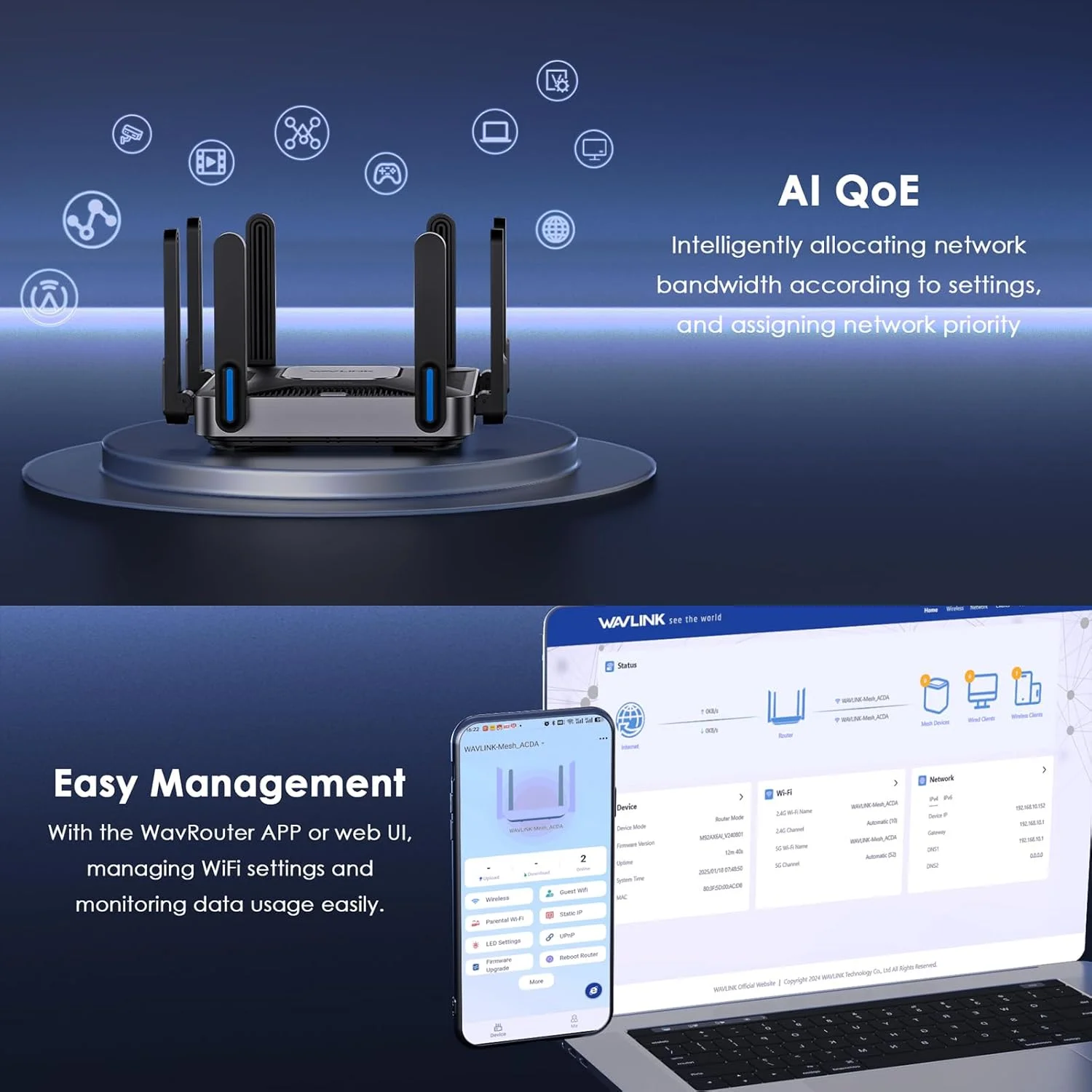 روتر وای فای 6 دو بانده WAVLINK AX6000، پورت های 2.5G Multi-Gig، سرعت وای فای 6000 مگابیت بر ثانیه، روتر وای فای گیمینگ برای اینترنت بی سیم، امنیت WPA3 و VPN برای خانه و تجارت، برد بلند، روترهای کامپیوتر