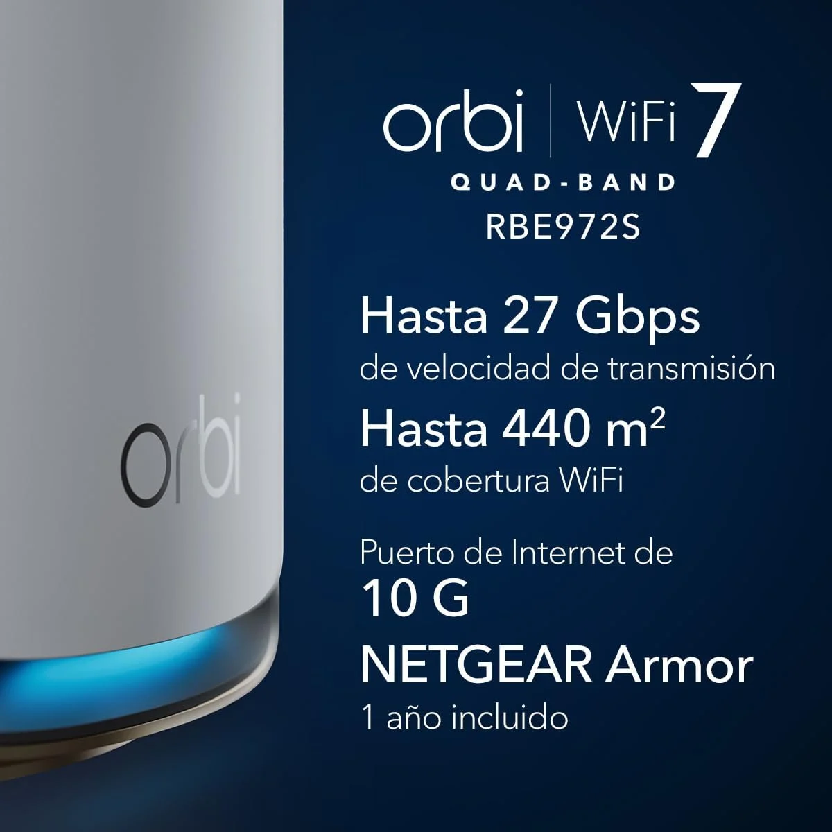 سیستم شبکه مش وای فای 7 چهار بانده Netgear Orbi 970 Series مدل RBE972S، روتر + 1 توسعه دهنده ماهواره ای، پوشش تا 6600 فوت مربع، 200 دستگاه، پورت اینترنت 10 گیگ، BE27000 تا 27 گیگابیت بر ثانیه - سفید