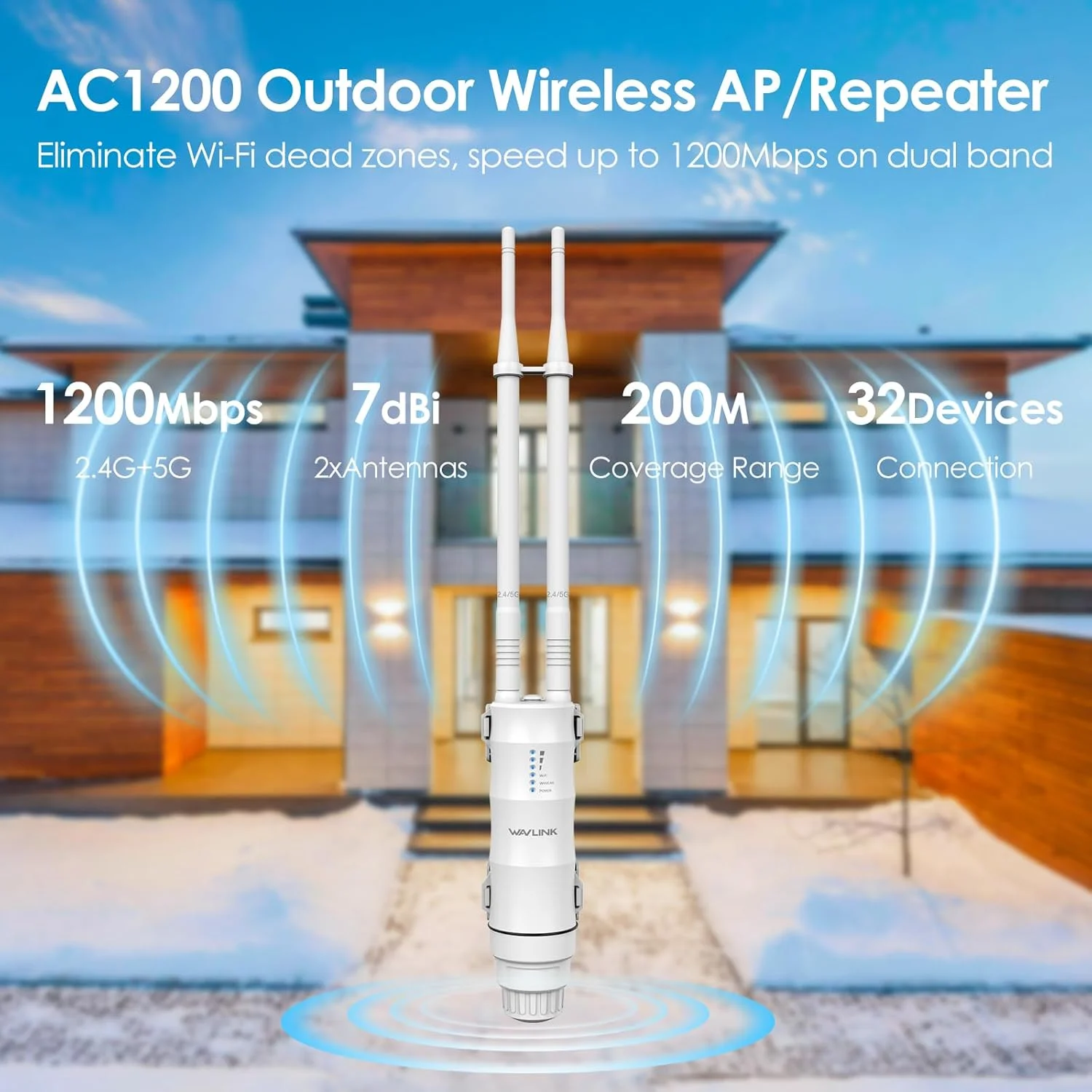 اکستندر/اکسس پوینت/تکرار کننده/روتر وای فای برد بلند بیرونی ضد آب AC1200 WAVLINK، وای فای دو بانده 2.4G 300Mbps + 5G 867Mbps با 2 آنتن با بهره بالا 7dBi، PoE فعال/غیرفعال