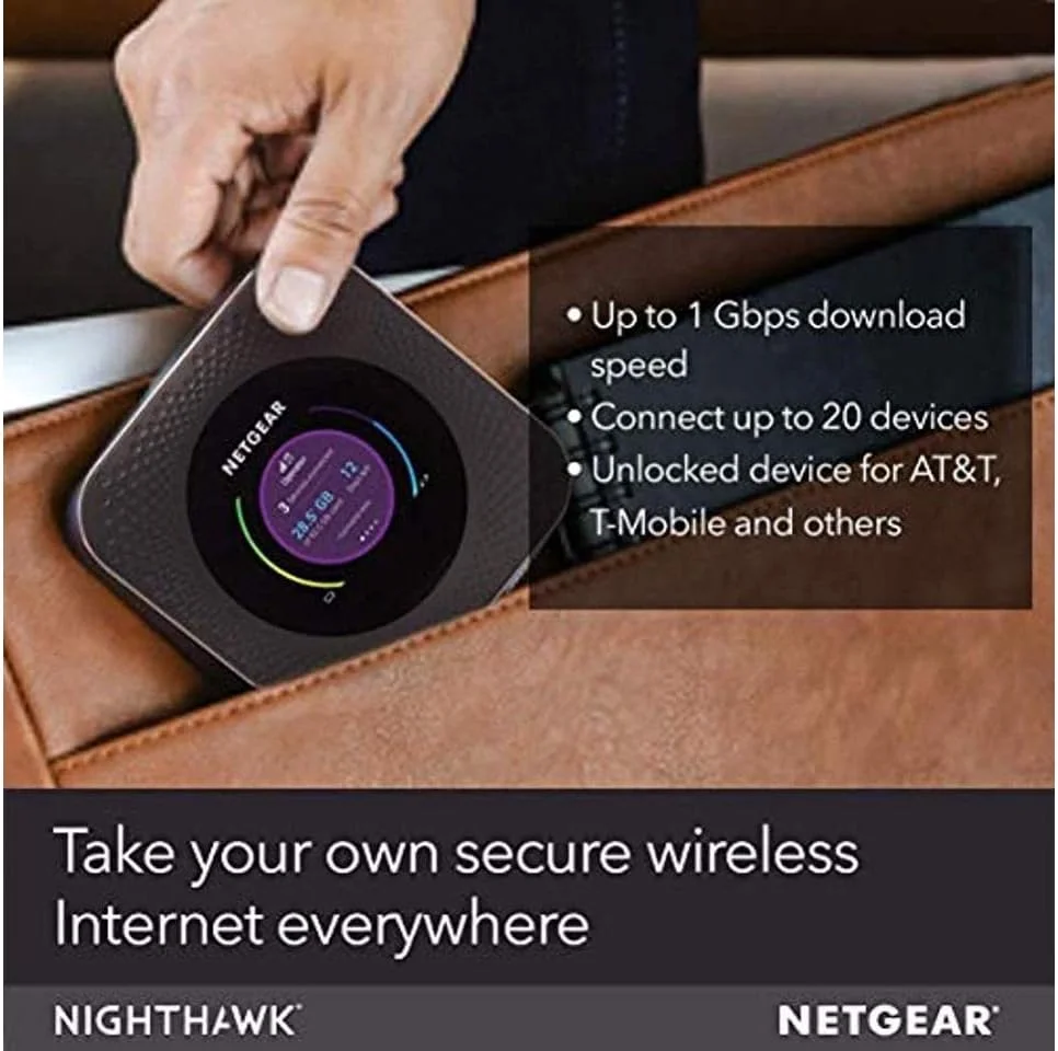 مودم همراه 4G LTE وای فای NETGEAR Nighthawk M1 (MR1100-100NAS) – سرعت تا 1 گیگابیت بر ثانیه، بهترین عملکرد با AT&T و T-Mobile، اتصال تا 20 دستگاه، شبکه بی سیم امن در هر مکان مودم همراه 4G LTE وای فای NETGEAR Nighthawk M1 (MR1100-100NAS) – سرعت تا 1 گیگابیت بر ثانیه، بهترین عملکرد با AT&T و T-Mobile، اتصال تا 20 دستگاه، شبکه بی سیم امن در هر مکان