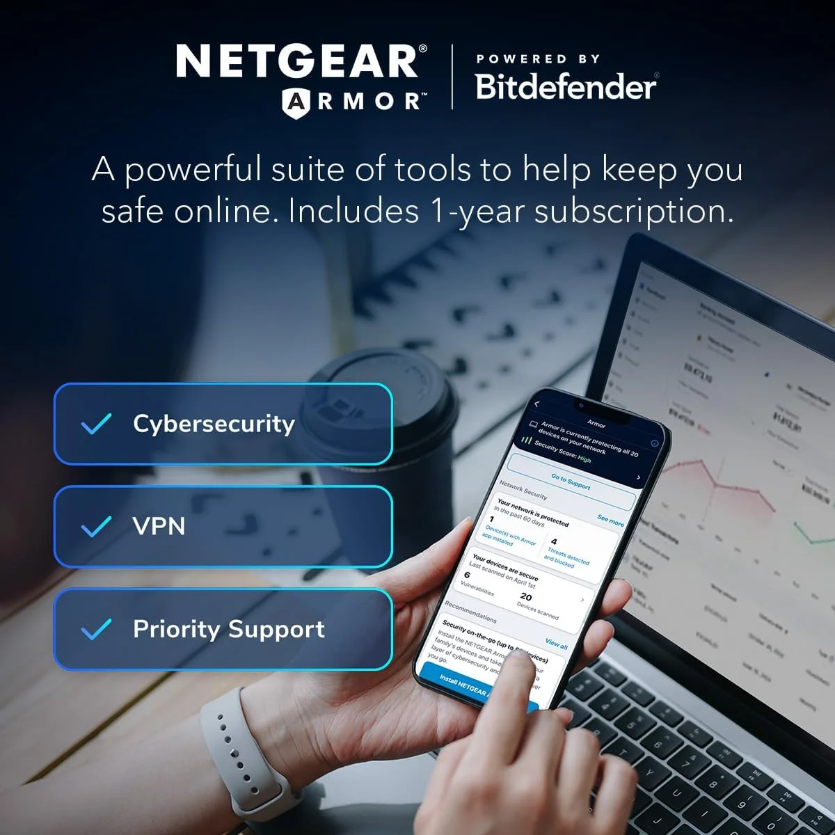 سیستم شبکه مش وای فای 7 چهار بانده NETGEAR Orbi 970 Series (RBE972S)، روتر + 1 توسعه دهنده ماهواره ای، ویژگی های امنیتی، تا 27 گیگابیت در ثانیه، پوشش تا 6,600 فوت مربع، 200 دستگاه، پورت اینترنت 10 گیگ
