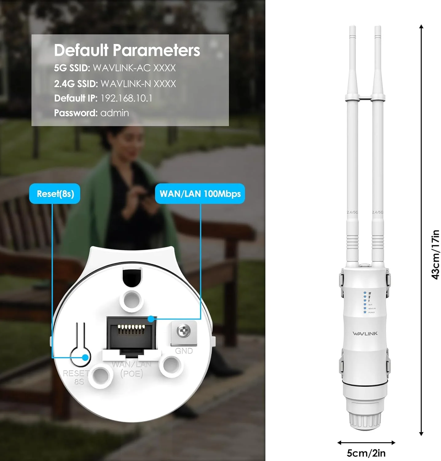 اکستندر/اکسس پوینت/تکرار کننده/روتر وای فای برد بلند بیرونی ضد آب AC1200 WAVLINK، وای فای دو بانده 2.4G 300Mbps + 5G 867Mbps با 2 آنتن با بهره بالا 7dBi، PoE فعال/غیرفعال