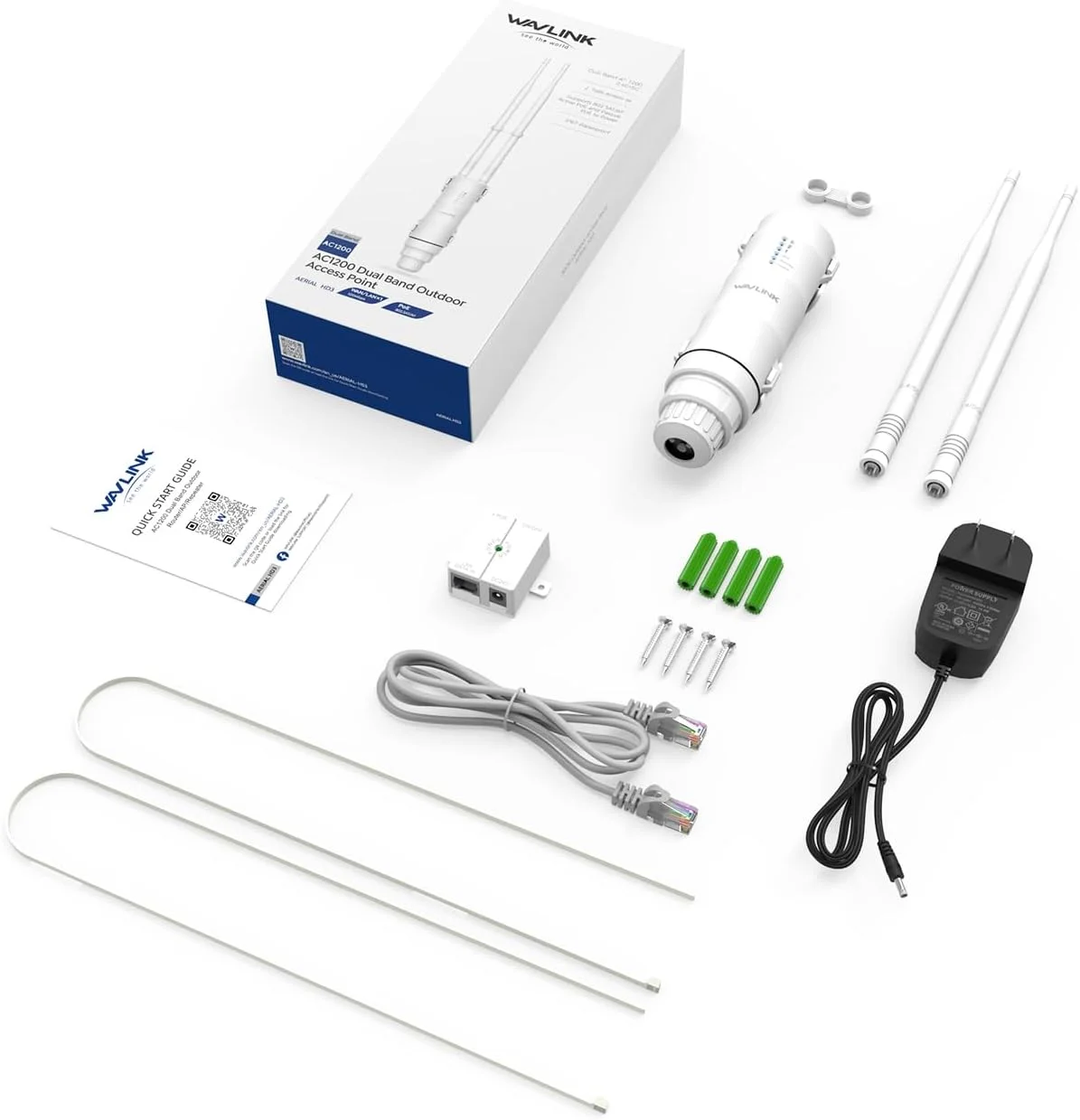 اکستندر/اکسس پوینت/تکرار کننده/روتر وای فای برد بلند بیرونی ضد آب AC1200 WAVLINK، وای فای دو بانده 2.4G 300Mbps + 5G 867Mbps با 2 آنتن با بهره بالا 7dBi، PoE فعال/غیرفعال