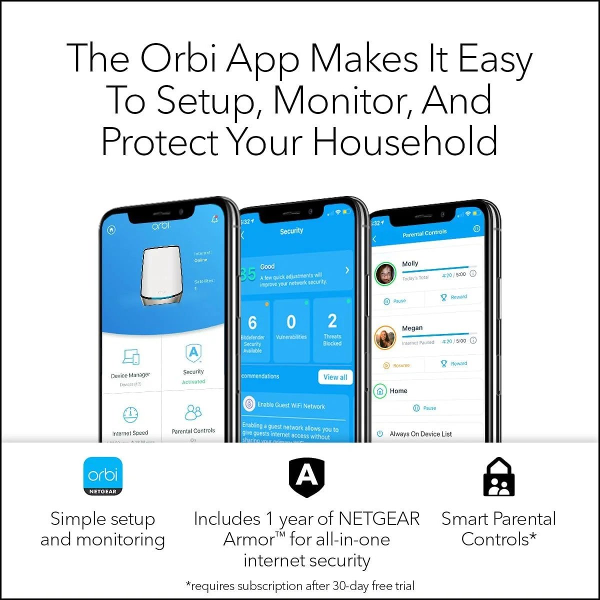 سیستم مش وای فای 6 سه بانده NETGEAR Orbi (RBK862S) – روتر با 1 توسعه دهنده ماهواره ای، پوشش تا 5400 فوت مربع، 100 دستگاه، پورت اینترنت 10 گیگ، اشتراک Armor، AX6000 (تا 6 گیگابیت بر ثانیه)