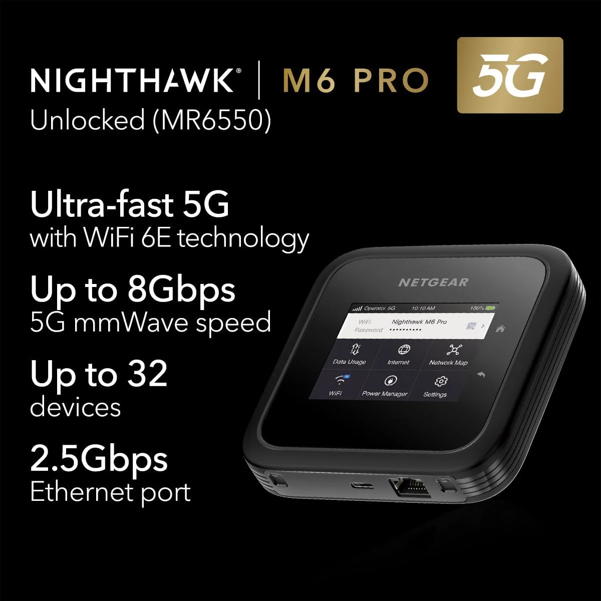 مودم روتر بی‌سیم قابل حمل NETGEAR Nighthawk M6 Pro Mobile Hotspot 5G mmWave، سرعت 8 گیگابیت بر ثانیه، آنلاک شده، سازگار با AT&T، T-Mobile، Verizon، رومینگ بین‌المللی در 125 کشور، WiFi 6E، دستگاه قابل حمل (MR6550) (MR6550-100PAS)