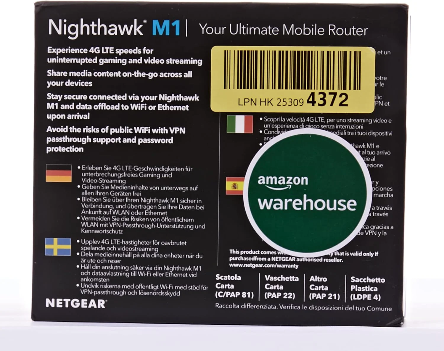 روتر هات اسپات موبایل 4G LTE نت گیر Nighthawk MR1100-100EUS، Cat 16، LTE کلاس گیگابیتی، وای فای دو بانده، باتری 5040 میلی آمپر ساعتی