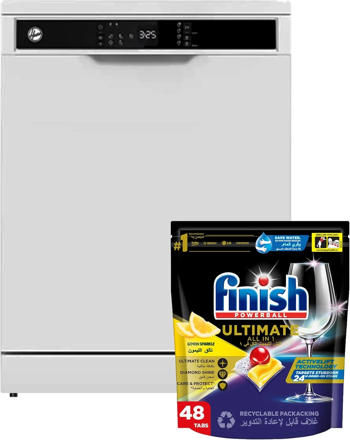 ماشین ظرفشویی ایستاده هوور، 5 برنامه، 12 نفره، مدل HDW-V512-W به همراه قرص ماشین ظرفشویی رایگان Finish با رایحه لیمو، 48 عدد