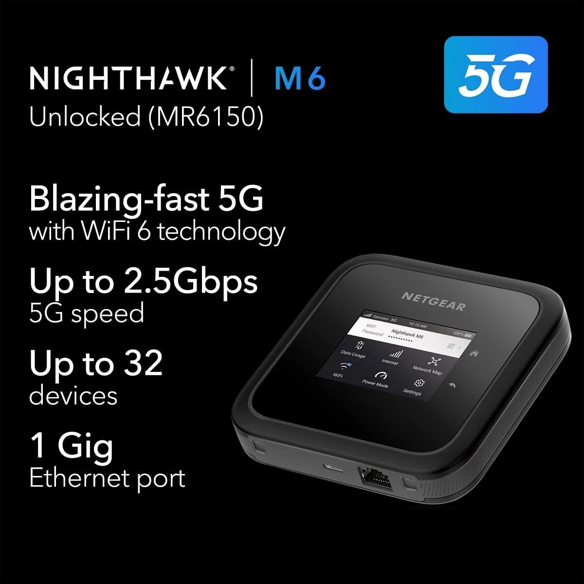 روتر هات اسپات موبایل Netgear MR6150 Nighthawk M6 5G WiFi 6، آنلاک شده، تا 2.5 گیگابیت بر ثانیه، صفحه نمایش لمسی رنگی 2.4 اینچی LCD، پوشش تا 1000 فوت مربع